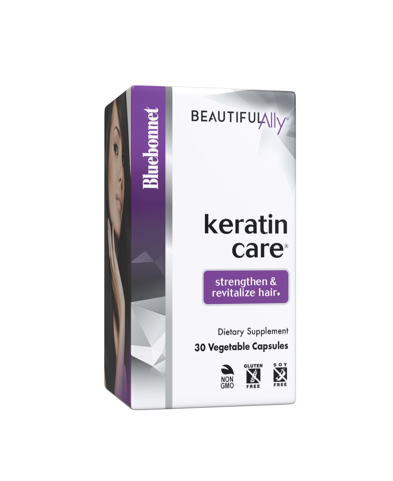 Bluebonnet’s Beautiful Ally Keratin Care 30 Vegetable Capsules are specially formulated with Cynatine HNS, a clinically-studied, bioactive, solubilized keratin – along with biotin, resveratrol, vitamin A and a unique amino acid blend – to help promote the appearance of strong, gorgeous hair. This restorative hair care formula helps protect and repair damaged hair from the inside out. Box panel. #size_30 count