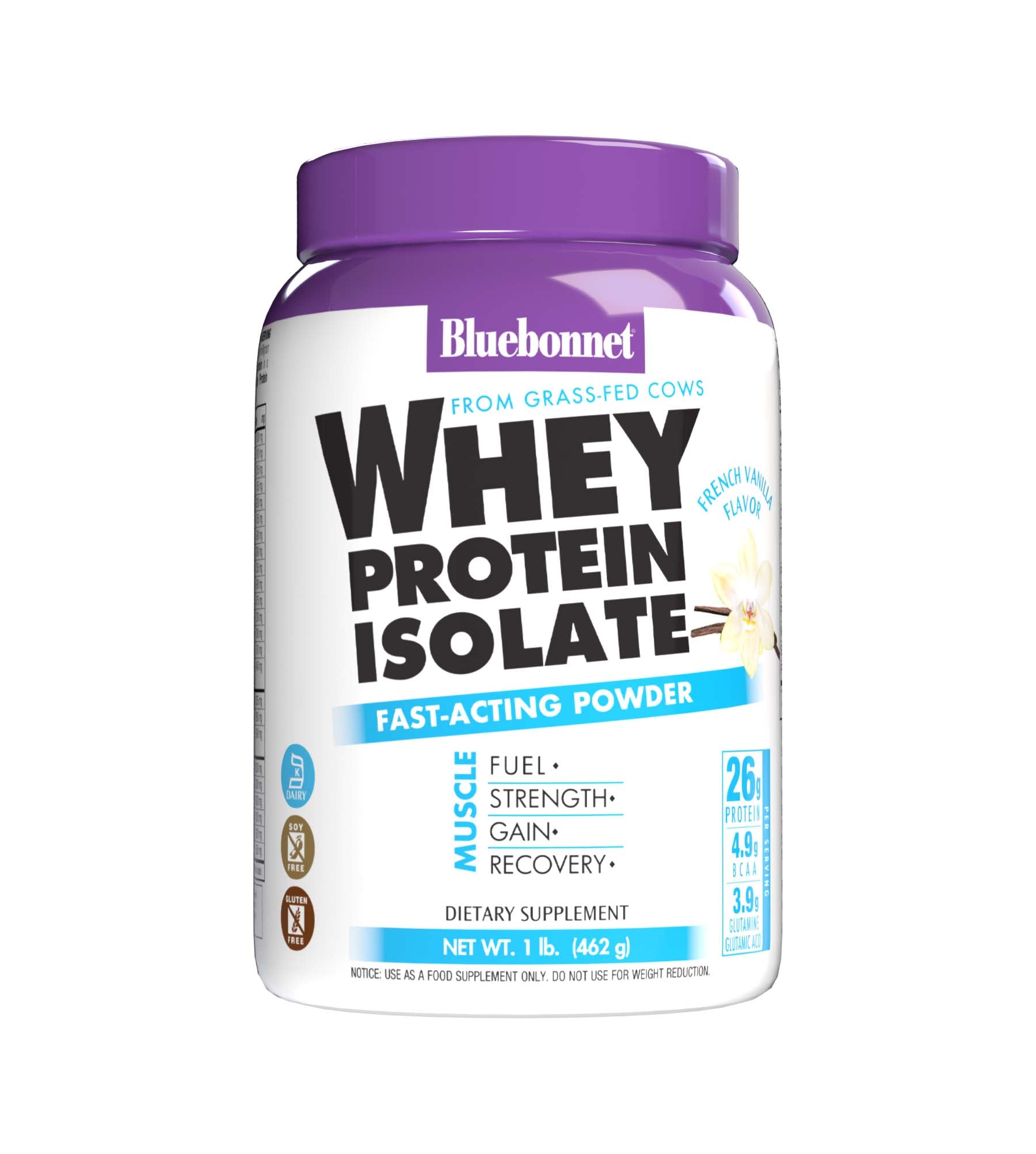 Bluebonnet's Whey Protein Isolate Powder. French vanilla flavor. 26 g of protein, 4.9 g BCAA and 3.9 g Glutamine Glutamic Acid per serving. #size_1 lb