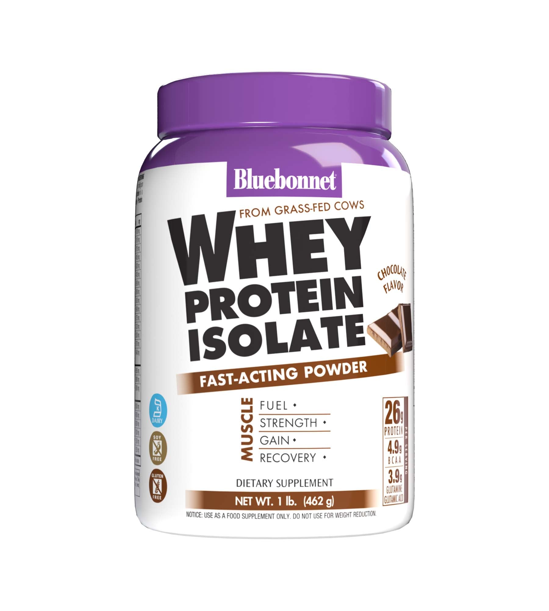 Bluebonnet's Whey Protein Isolate Powder. Chocolate flavor. 26 g of protein, 4.9 g BCAA and 3.9 g Glutamine Glutamic Acid per serving. #size_1 lb