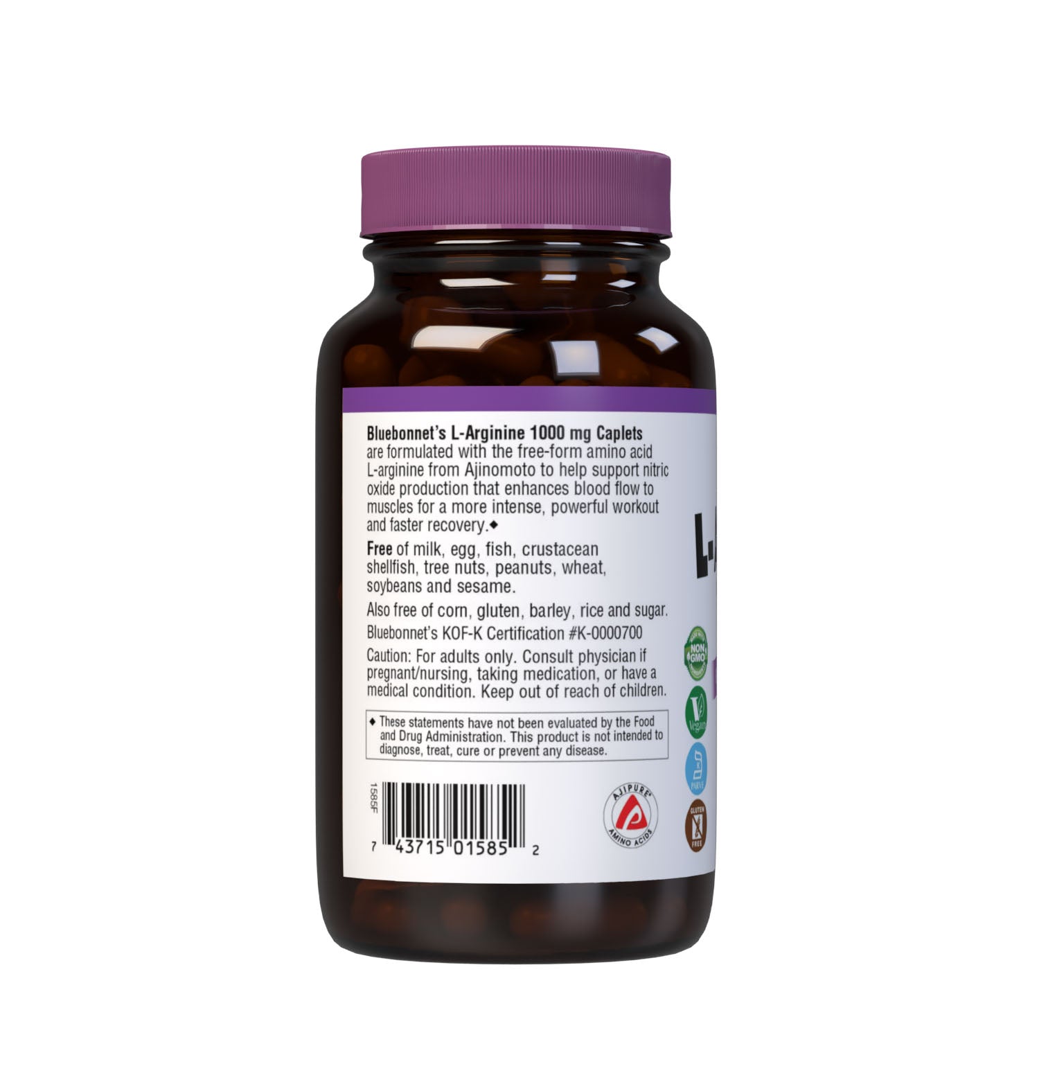 Bluebonnet’s L-Arginine 1000 mg Caplets provide free-form, pharmaceutical-grade L-arginine from Ajinomoto, the world-class leader in the production and purity of amino acids. Since this vegetarian-sourced amino acid is compressed into easy-to-swallow caplets for maximum assimilation and absorption, L-arginine is more bioavailable to increase nitric oxide levels. This supports enhanced blood flow to muscles for a more intense, powerful workout and faster recovery. Description panel. #size_90 count