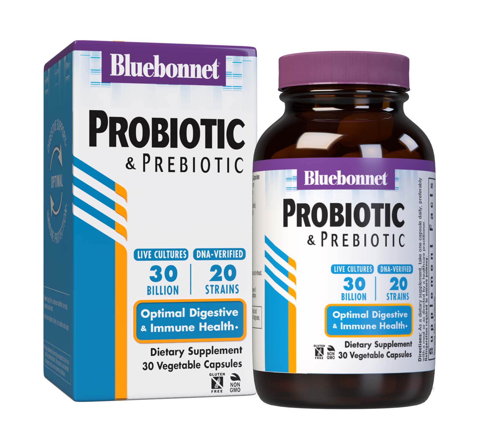 Bluebonnet’s Probiotic & Prebiotic 30 Vegetable Capsules are formulated with 30 billion viable cultures from 20 DNA-verified, scientifically supported strains. This unique, science-based probiotic formula includes the prebiotic inulin from chicory root extract, to assist the growth of friendly bacterium in the gut. with Box. #size_30 count