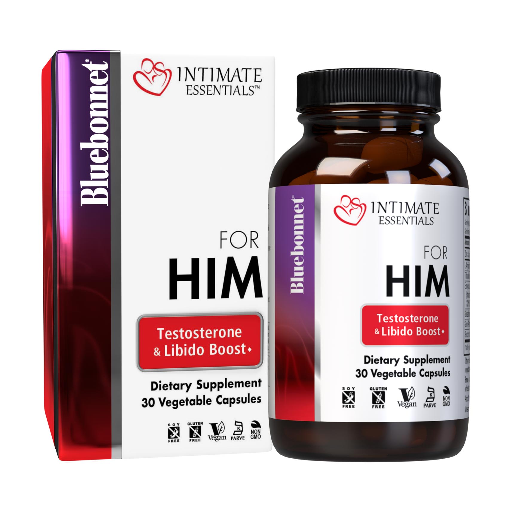 Bluebonnet’s Intimate Essentials For Him Testosterone & Libido Boost Vegetable Capsules, 30 pill count, bottle with box. #size_30 count