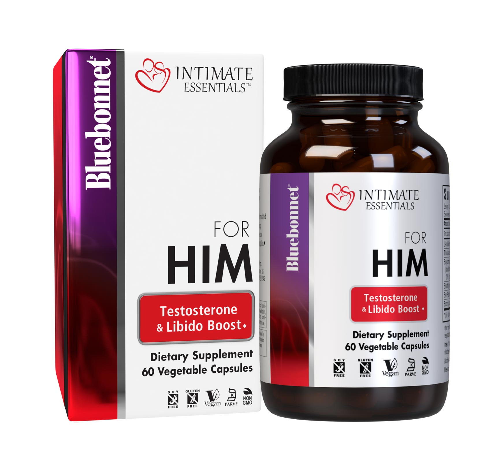Bluebonnet’s Intimate Essentials For Him Testosterone & Libido Boost Vegetable Capsules, 60 pill count, bottle with box. #size_60 count