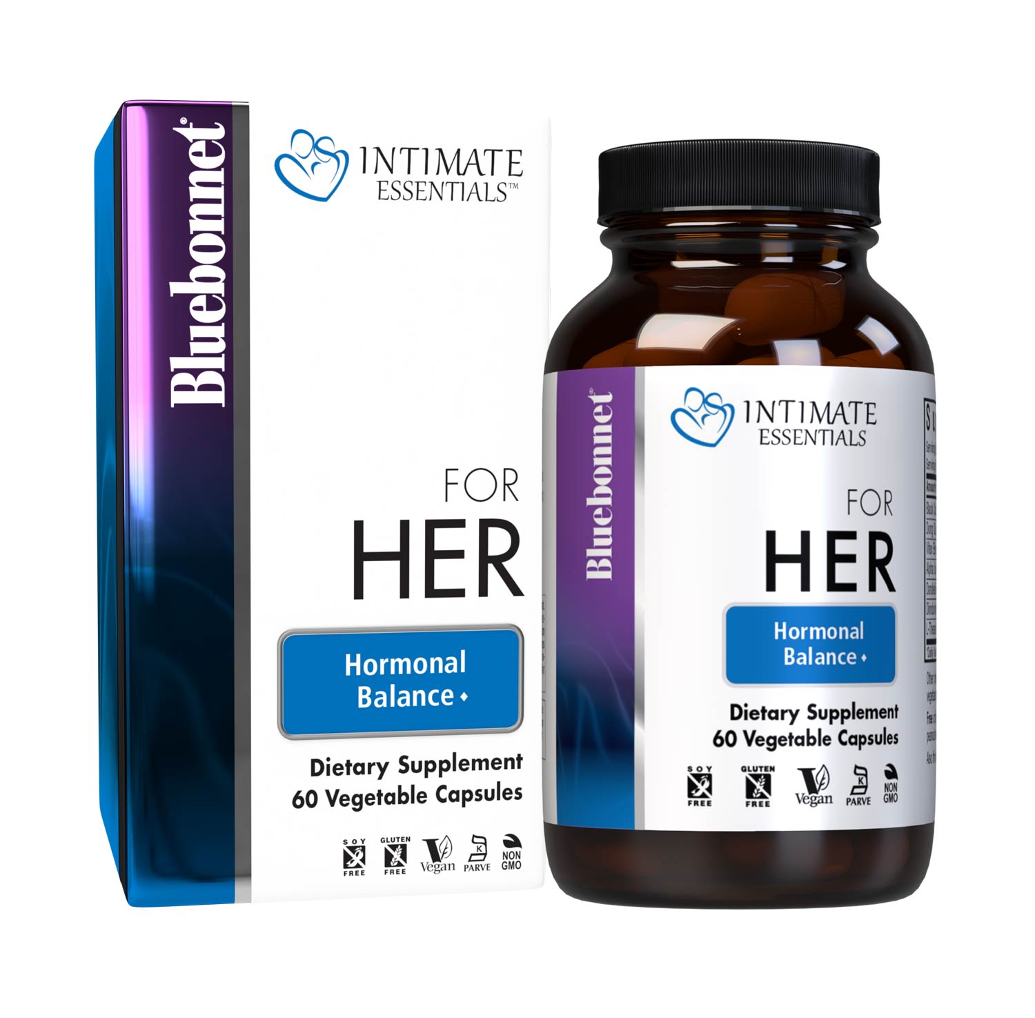 Bluebonnet’s Intimate Essentials® For Her Hormonal Balance 60 pill count bottle comes in box. #size_60 count