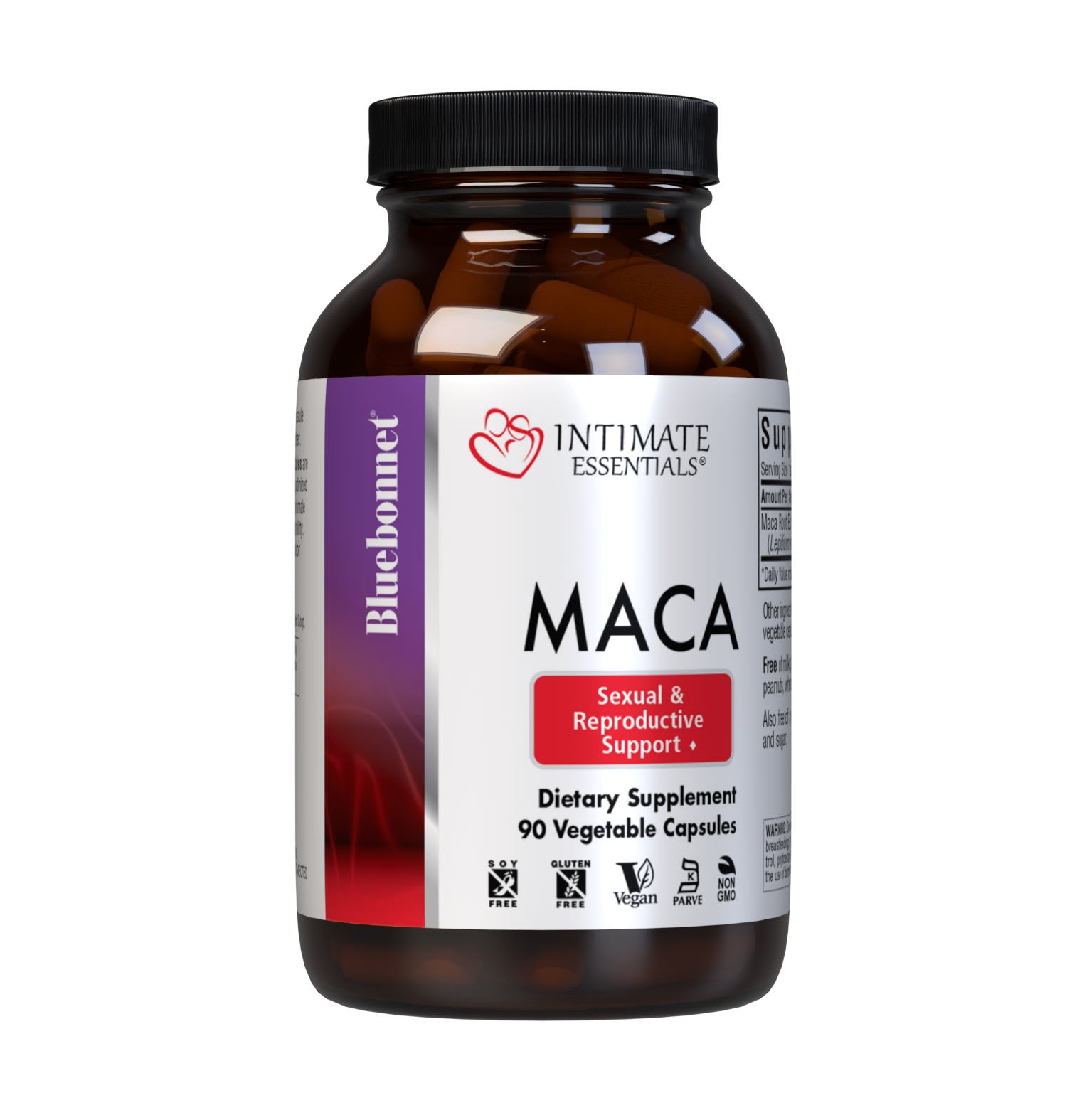 Bluebonnet’s Intimate Essentials Maca Vegetable Capsules are specially formulated with a highly digestible, gelatinized maca root extract for enhancing both male and female hormonal balance, mood, stamina, libido and fertility. #size_90 count