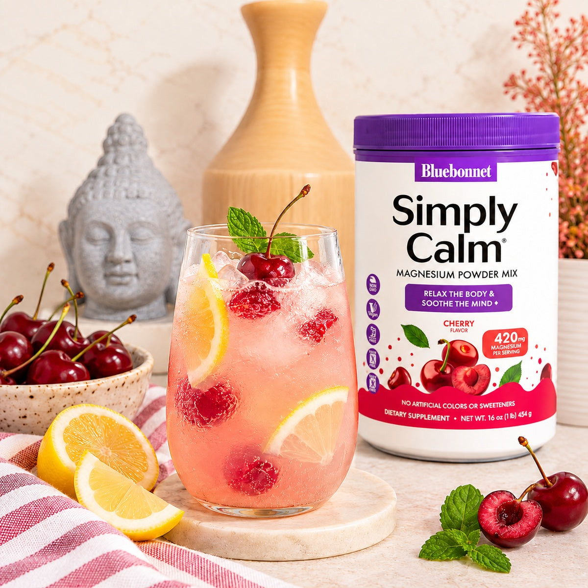 Cherry Lemon Mocktail with Simply Calm Magnesium
