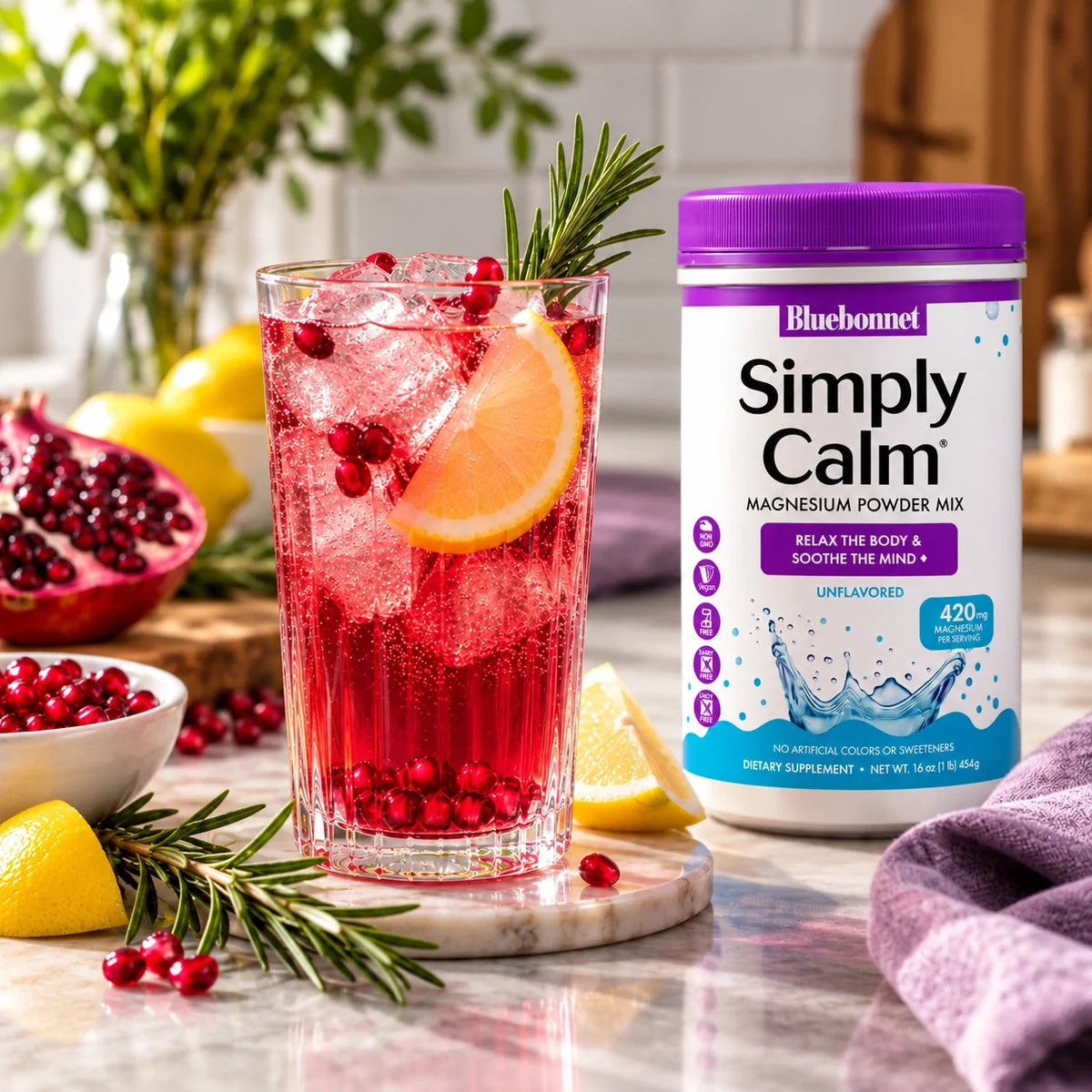 Sparkling Pomegranate Lemon Mocktail with Simply Calm®