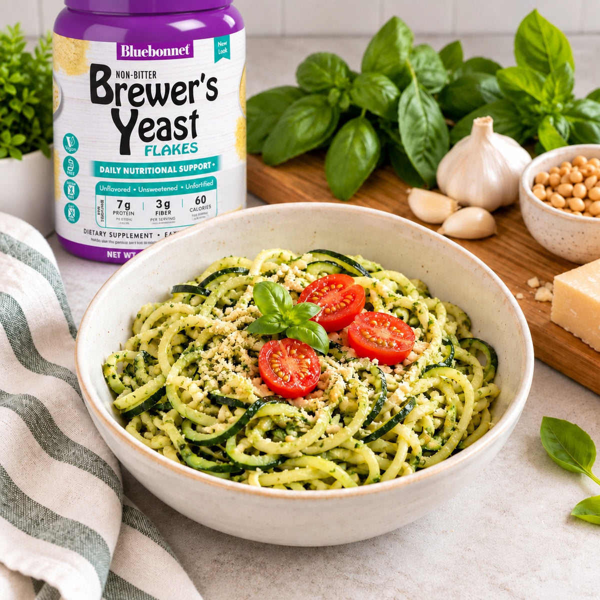 Zucchini Pesto Pasta with Brewer’s Yeast Flakes