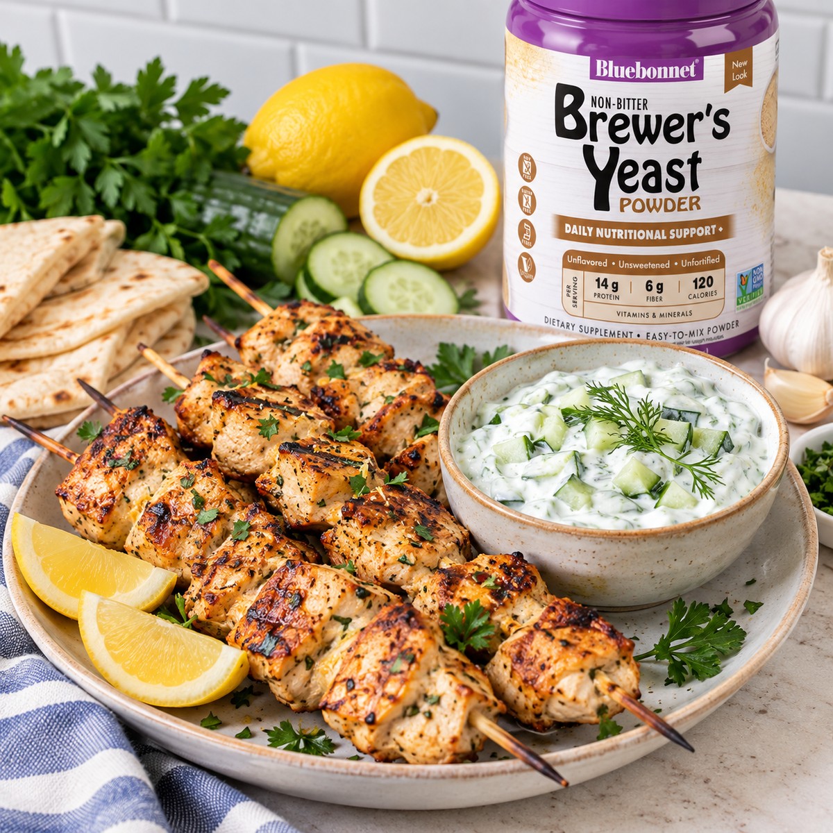 Lemon Garlic Chicken Skewers with Brewer’s Yeast Tzatziki