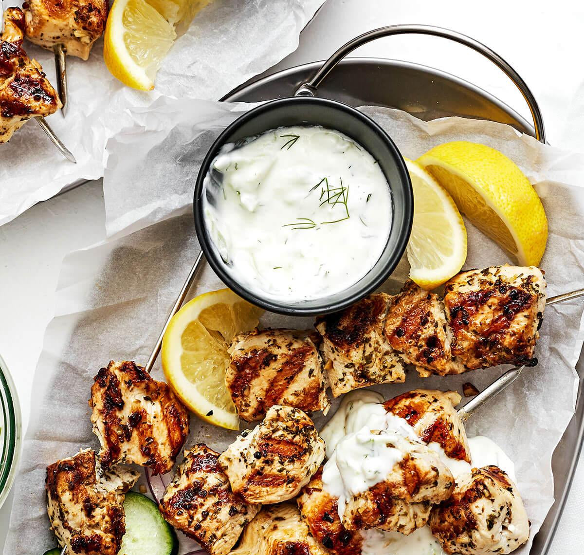 Grilled Lemon Garlic Chicken Skewers with Brewer’s Yeast Tzatziki