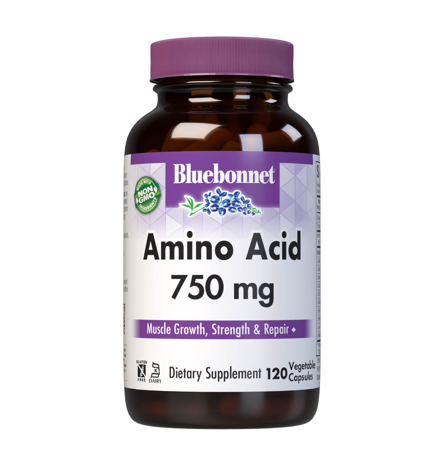 Bluebonnet’s Amino Acid 120 Vegetable Capsules are formulated with amino acids and dipeptide bonded amino acids derived entirely from whey lactalbumin and egg white albumin proteins for muscle growth, strength and repair. #size_120 count