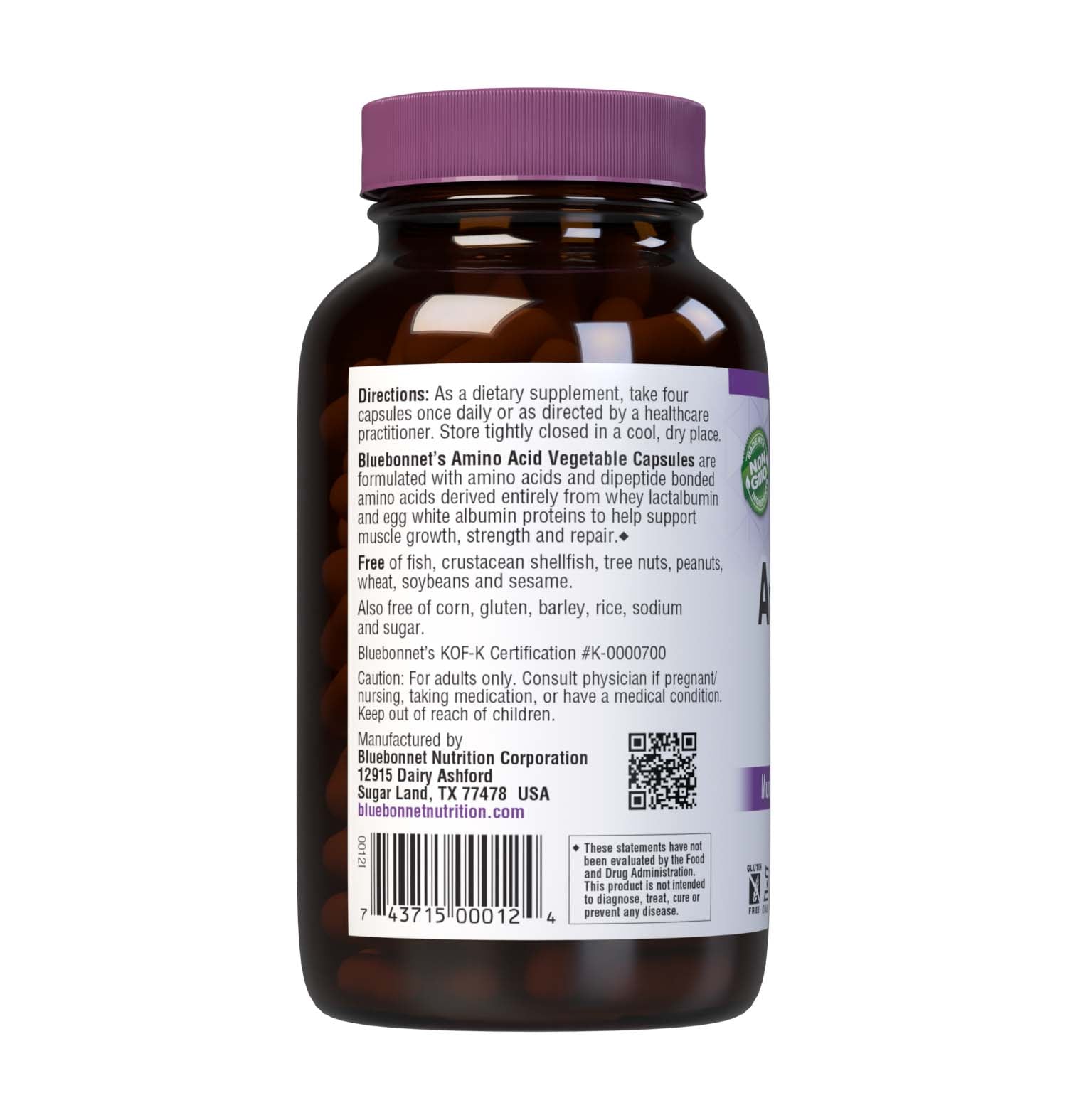 Bluebonnet's Amino Acid 120 Vegetable Capsules contain amino acidsand dipeptide bonded amino acids derived entirely from whey lactalbumin and egg white albumin proteins for muscle growth, strength and repair. description panel. #size_120 count