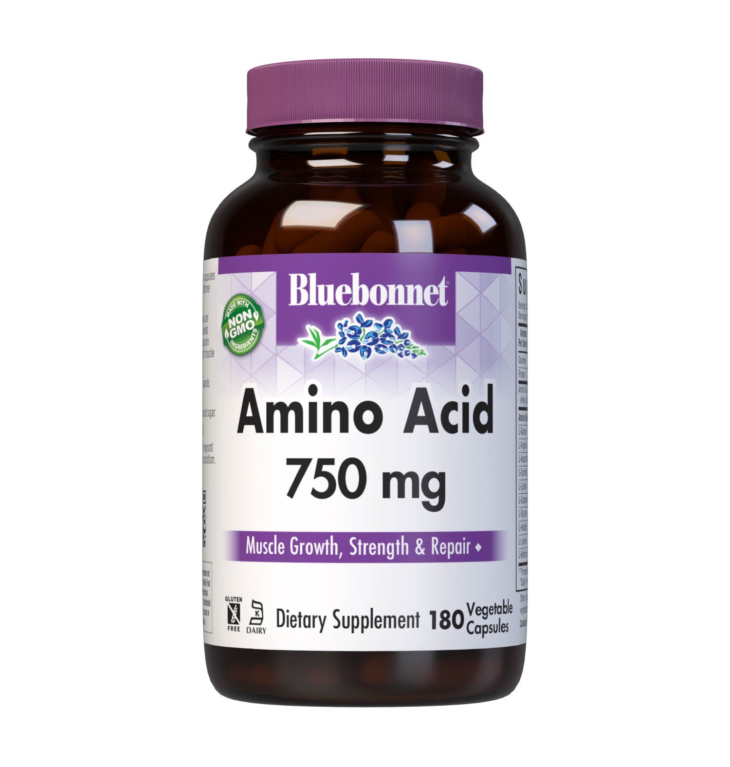Bluebonnet’s Amino Acid 180 Vegetable Capsules are formulated with amino acids and dipeptide bonded amino acids derived entirely from whey lactalbumin and egg white albumin proteins for muscle growth, strength and repair. #size_180 count