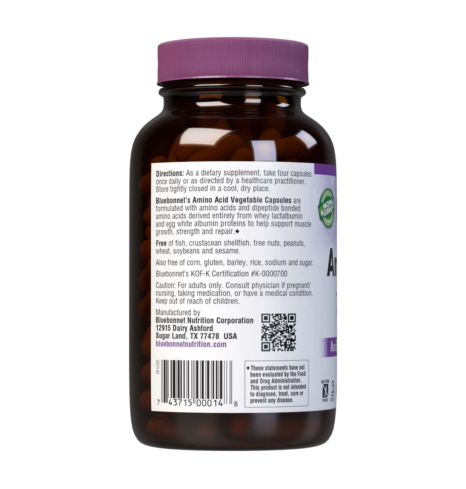 Bluebonnet's Amino Acid 180 Vegetable Capsules contain amino acidsand dipeptide bonded amino acids derived entirely from whey lactalbumin and egg white albumin proteins for muscle growth, strength and repair. description panel. #size_180 count