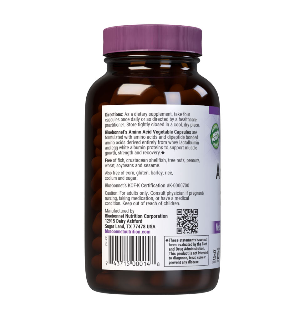 Bluebonnet’s Amino Acid 180 Vegetable Capsules are formulated with amino acids and dipeptide bonded amino acids derived entirely from whey lactalbumin and egg white albumin proteins for muscle growth, strength and repair. description panel. #size_180 count