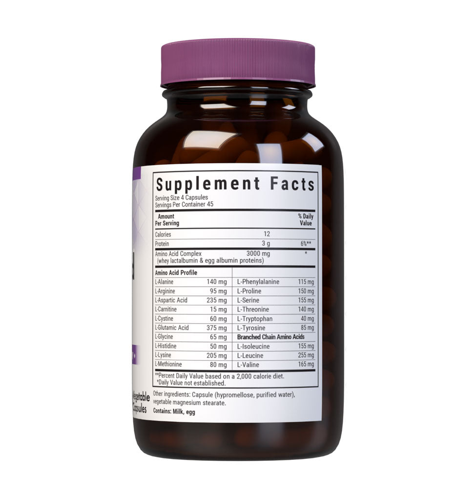 Bluebonnet’s Amino Acid 180 Vegetable Capsules are formulated with amino acids and dipeptide bonded amino acids derived entirely from whey lactalbumin and egg white albumin proteins for muscle growth, strength and repair. supplement facts panel. #size_180 count