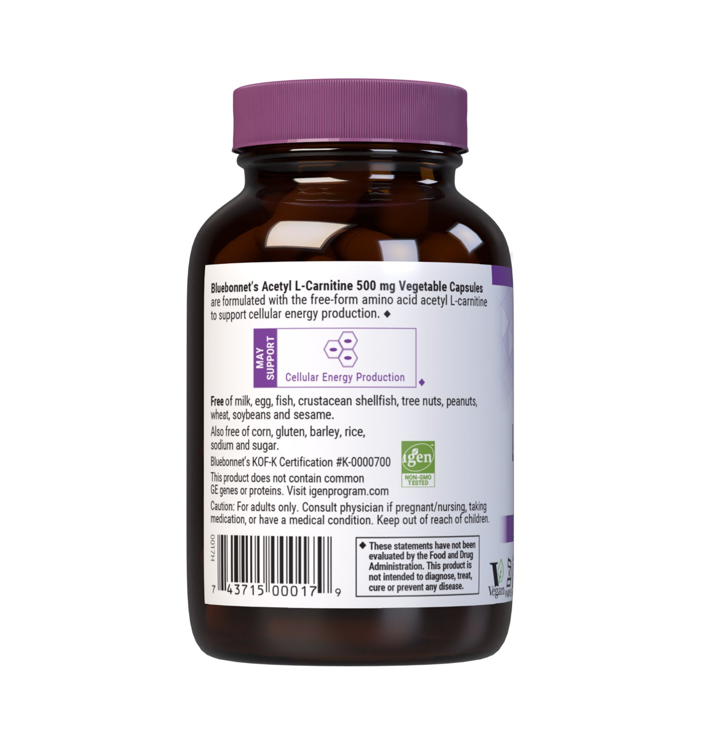 Bluebonnet’s Acetyl L-Carnitine 500 mg 30 Vegetable Capsules are formulated with the free-form amino acid acetyl L-carnitine HCI in its crystalline form which may support cellular energy/ production. Description Panel. #size_30 count
