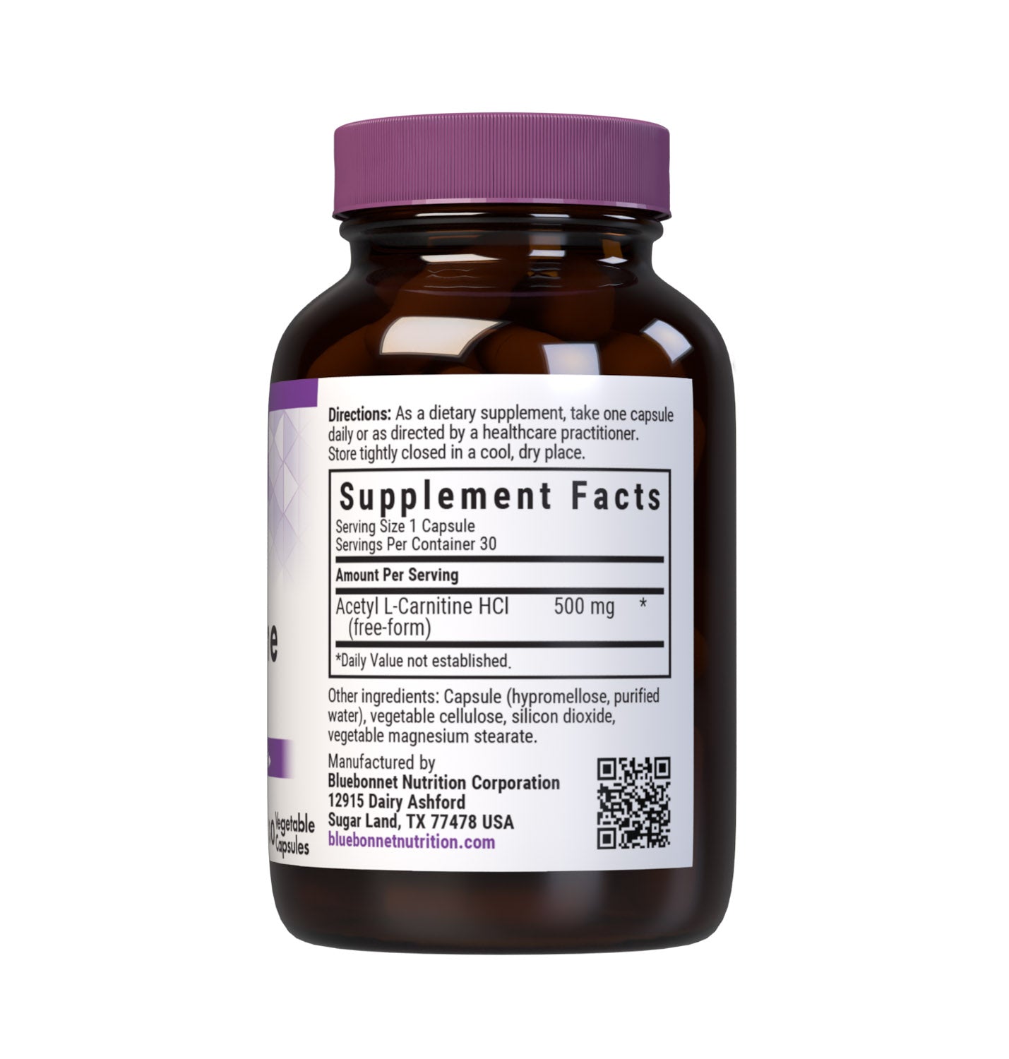 Bluebonnet’s Acetyl L-Carnitine 500 mg 30 Vegetable Capsules are formulated with the free-form amino acid acetyl L-carnitine HCI in its crystalline form which may support cellular energy/ production. Supplement Facts Panel. #size_30 count