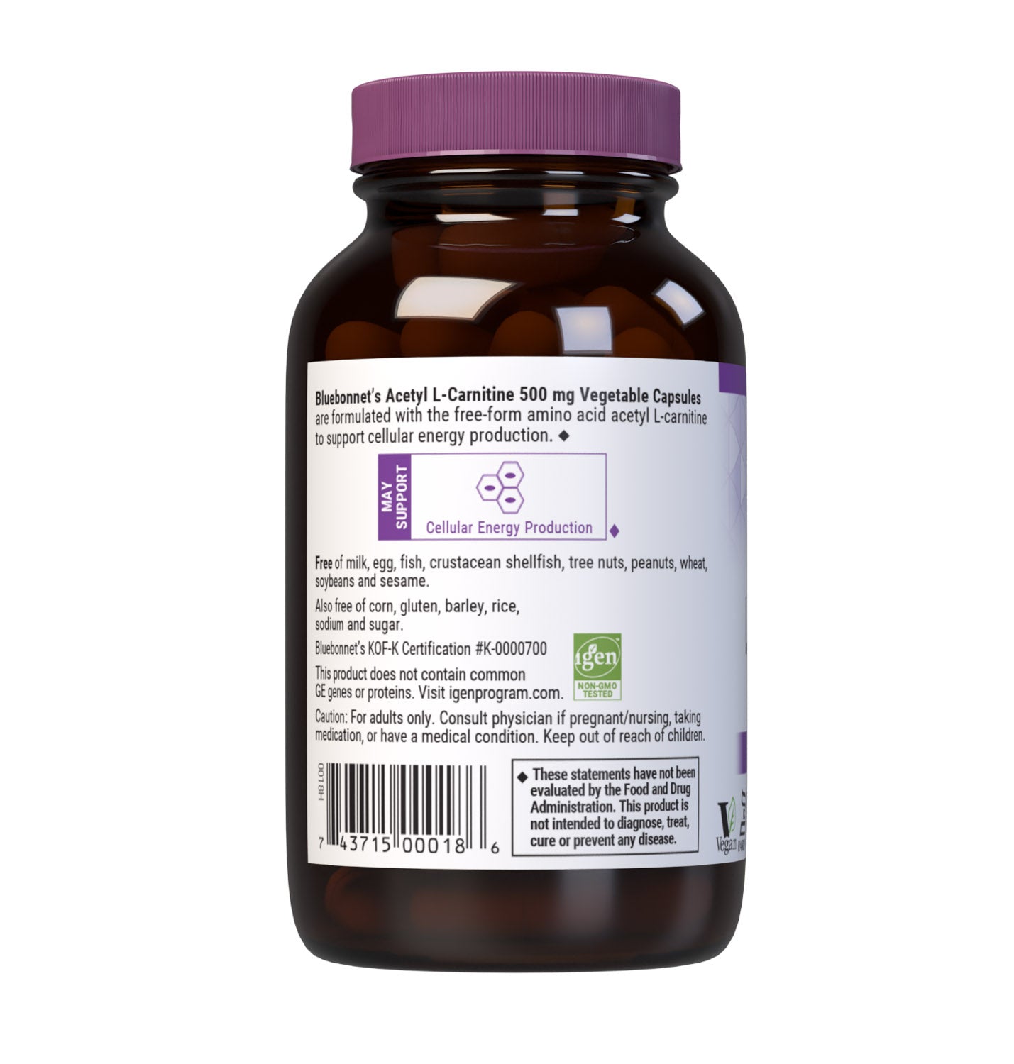 Bluebonnet’s Acetyl L-Carnitine 500 mg 60 Vegetable Capsules are formulated with the free-form amino acid acetyl L-carnitine HCI in its crystalline form which may support cellular energy/production. Description Panel. #size_60 count