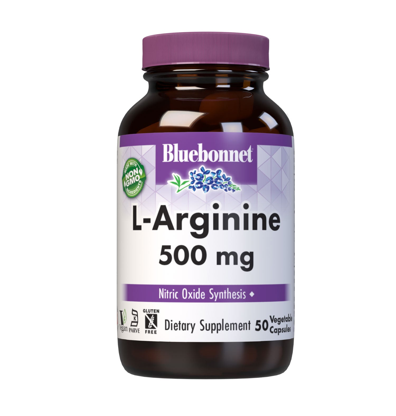 Bluebonnet’s L-Arginine 500 mg 50 vegetable capsules are formulated with the free form amino acid L-arginine in its crystalline form from Ajinomoto which promotes nitric oxide synthesis and men's health. #size_50 count