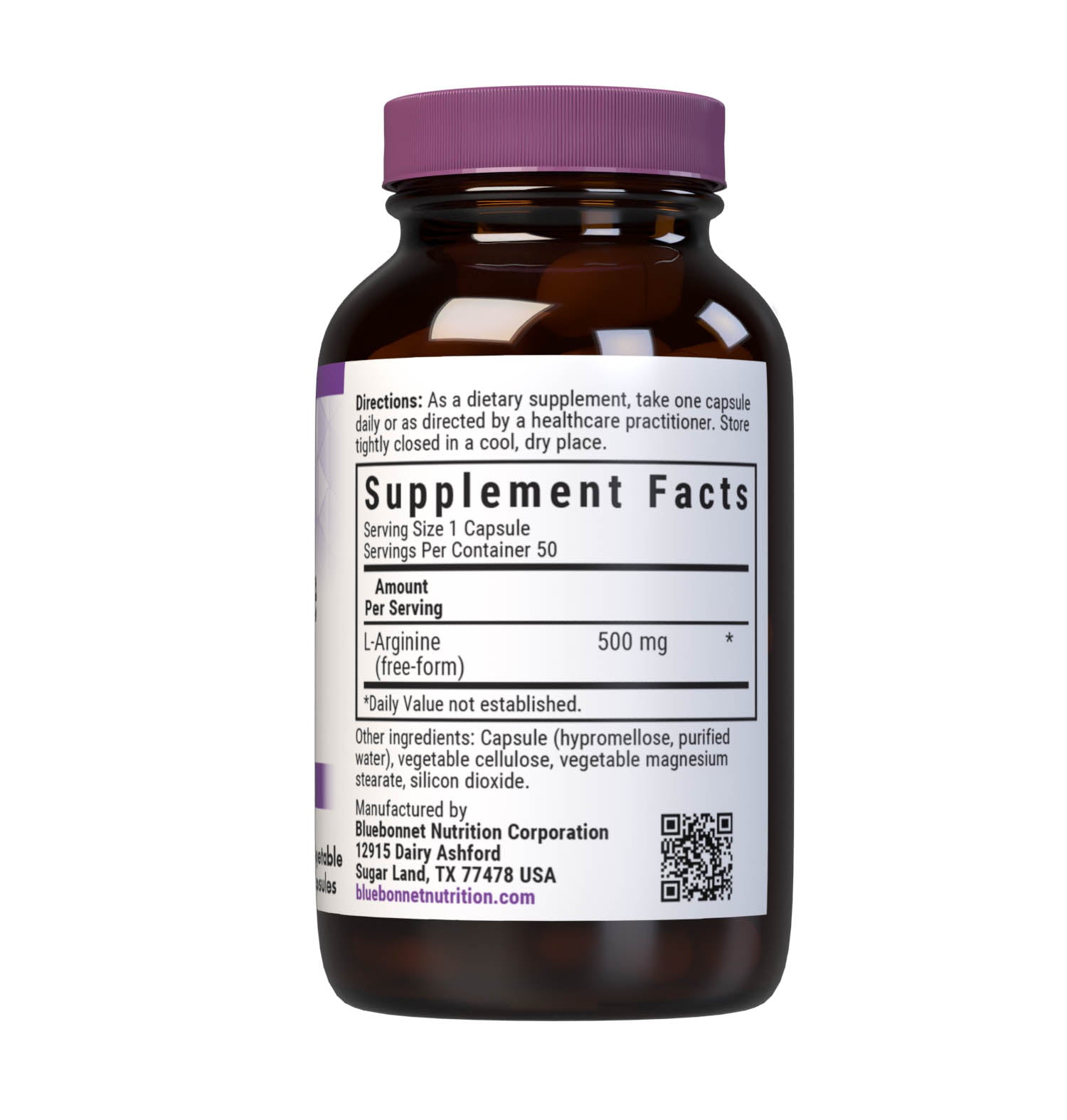 Bluebonnet’s L-Arginine 500 mg 50 vegetable capsules are formulated with the free form amino acid L-arginine in its crystalline form from Ajinomoto which promotes nitric oxide synthesis and men's health. Supplement facts panel. #size_50 count