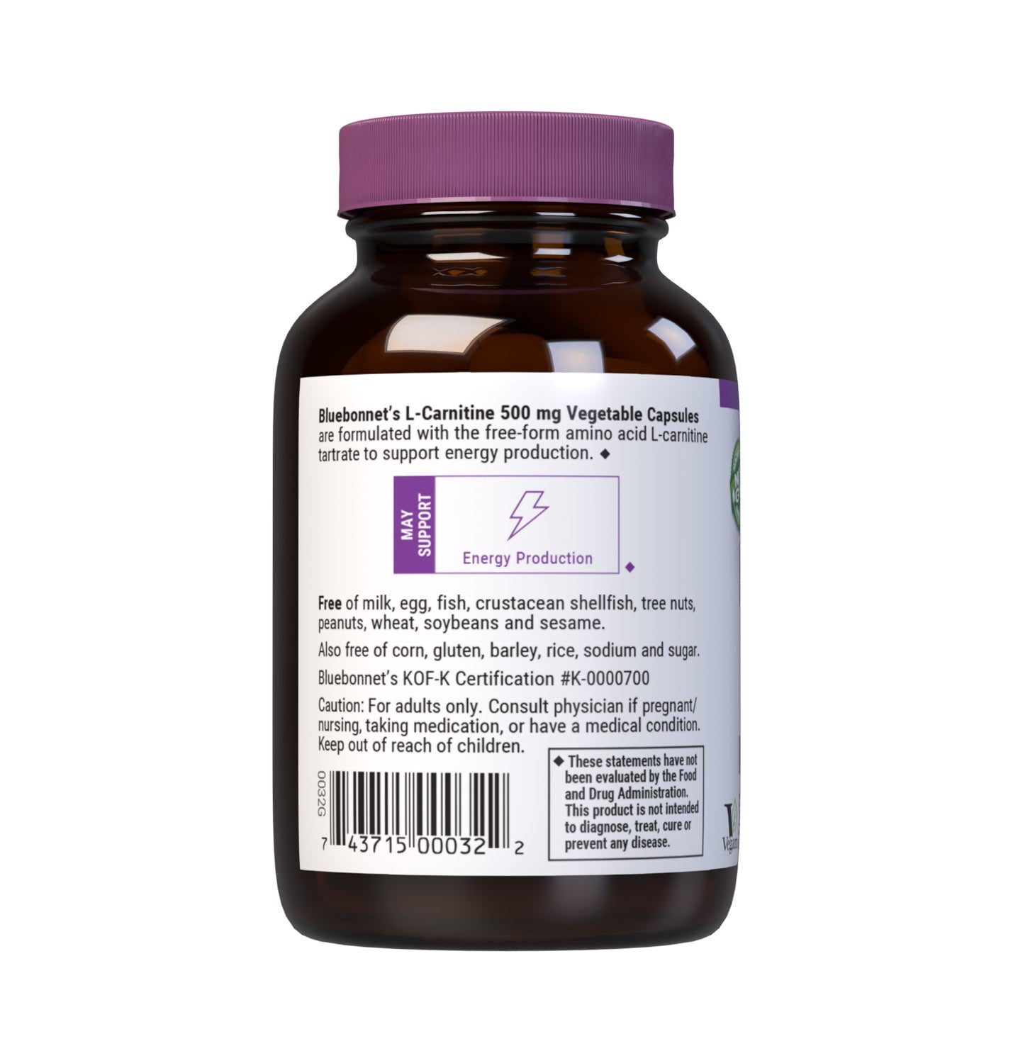 Bluebonnet’s L-Carnitine 500 mg 30 Vegetable Capsules are formulated with the free-form amino acid L-carnitine tartrate in its crystalline form which may support cellular energy. Description panel. #size_30 count