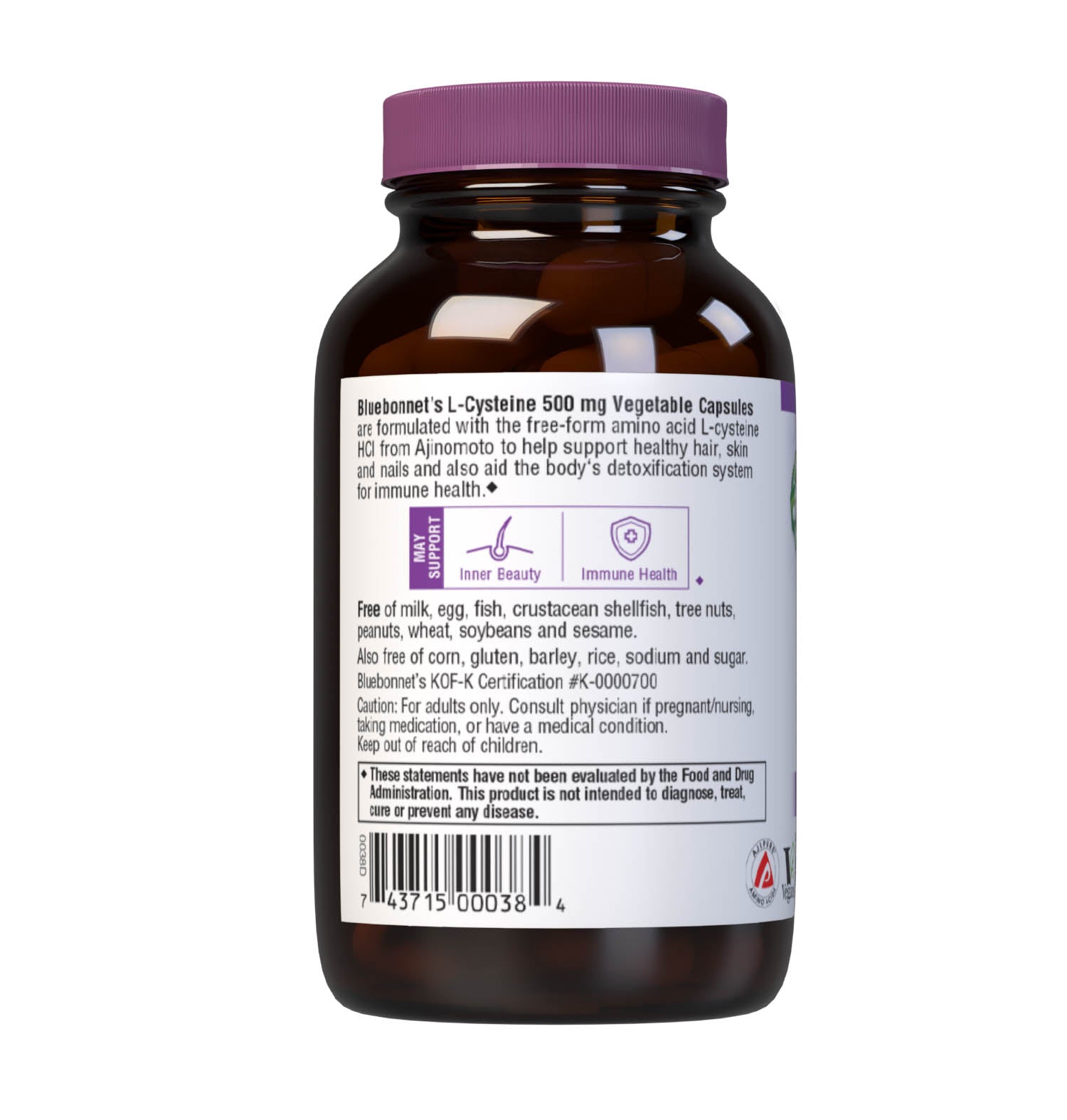 Bluebonnet’s L-Cysteine 500 mg 60 Vegetable Capsules are formulated with the free-form amino acid L-cysteine HCI in its crystalline form from Ajinomoto to support healthy hair, skin and nails. Description panel. #size_60 count