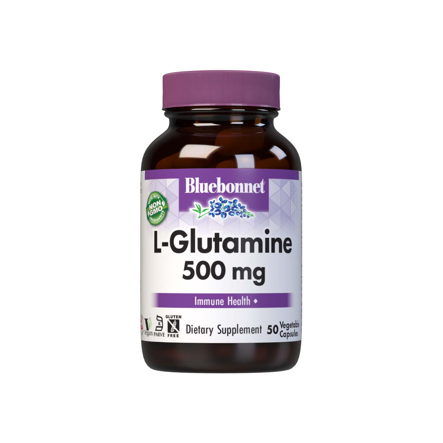 Bluebonnet’s L-Glutamine 500 mg 50 vegetable capsules are formulated with the free-form amino acid L-glutamine in its crystalline form from Ajinomoto to help support immune function.  #size_50 count