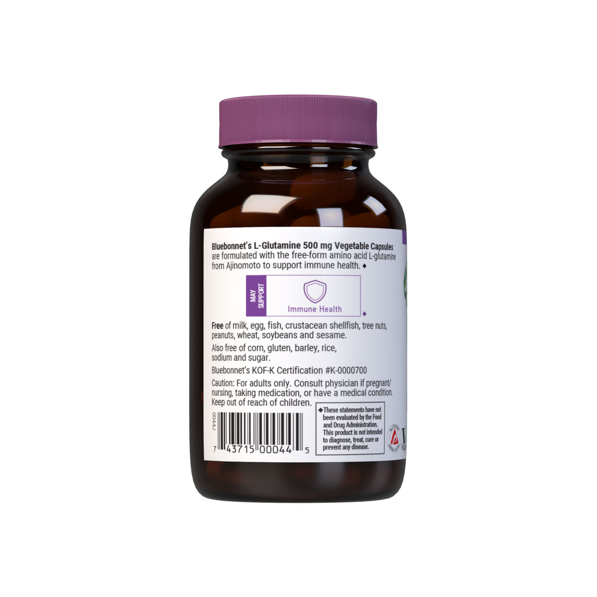 Bluebonnet’s L-Glutamine 500 mg 50 vegetable capsules are formulated with the free-form amino acid L-glutamine in its crystalline form from Ajinomoto to help support immune function. description panel. #size_50 count