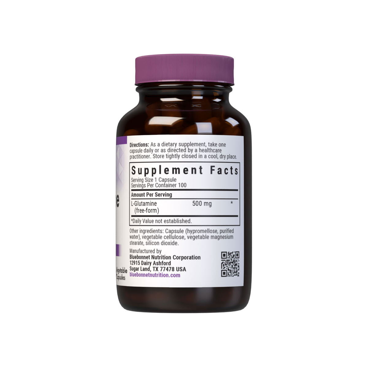 Bluebonnet’s L-Glutamine 500 mg 100 vegetable capsules are formulated with the free-form amino acid L-glutamine in its crystalline form from Ajinomoto to help support immune function. supplement facts panel. #size_100 count