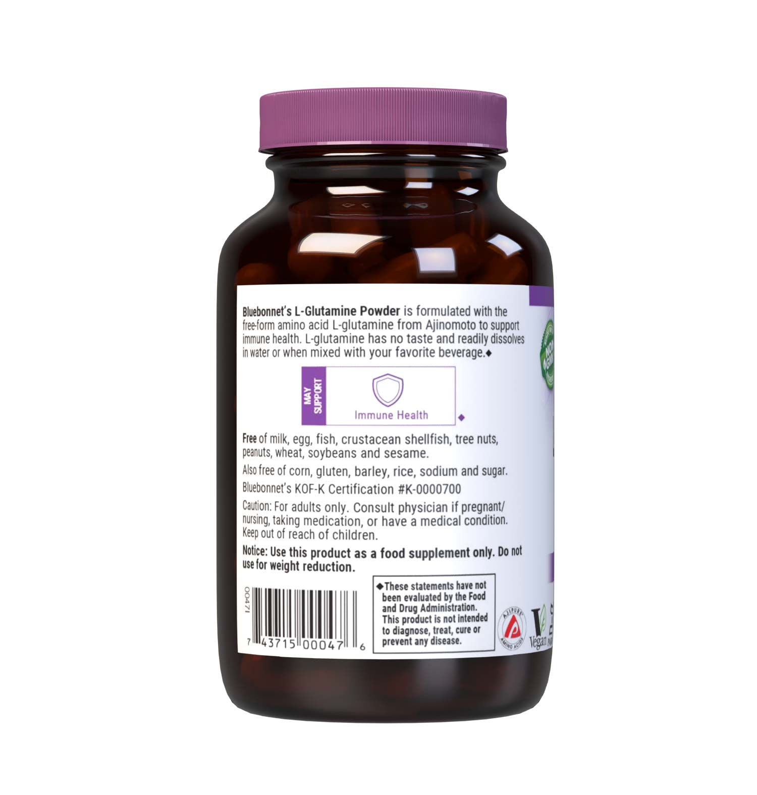 Bluebonnet’s L-Glutamine Powder 4 oz, formulated with the tree-form amino acid L-glutamine in its form from Ajinomoto to help support immune function. description panel. #size_4 oz