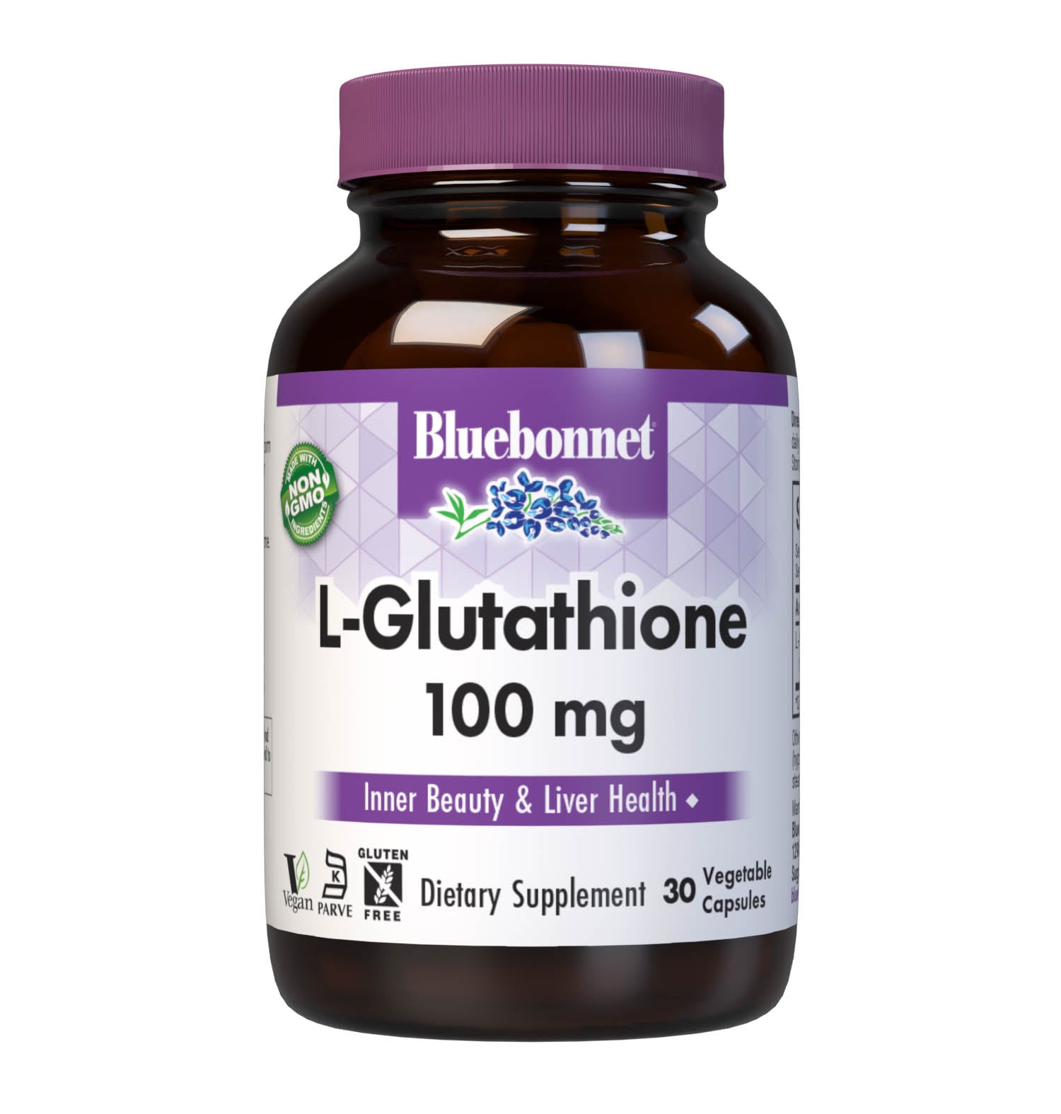 Bluebonnet’s L-Glutathione 100 mg 30 Vegetable Capsules are formulated with the free-form amino acid L-glutathione in its crystalline form. L-Glutathione protects against free-radical formation and supports inner beauty and liver health. #size_30 count