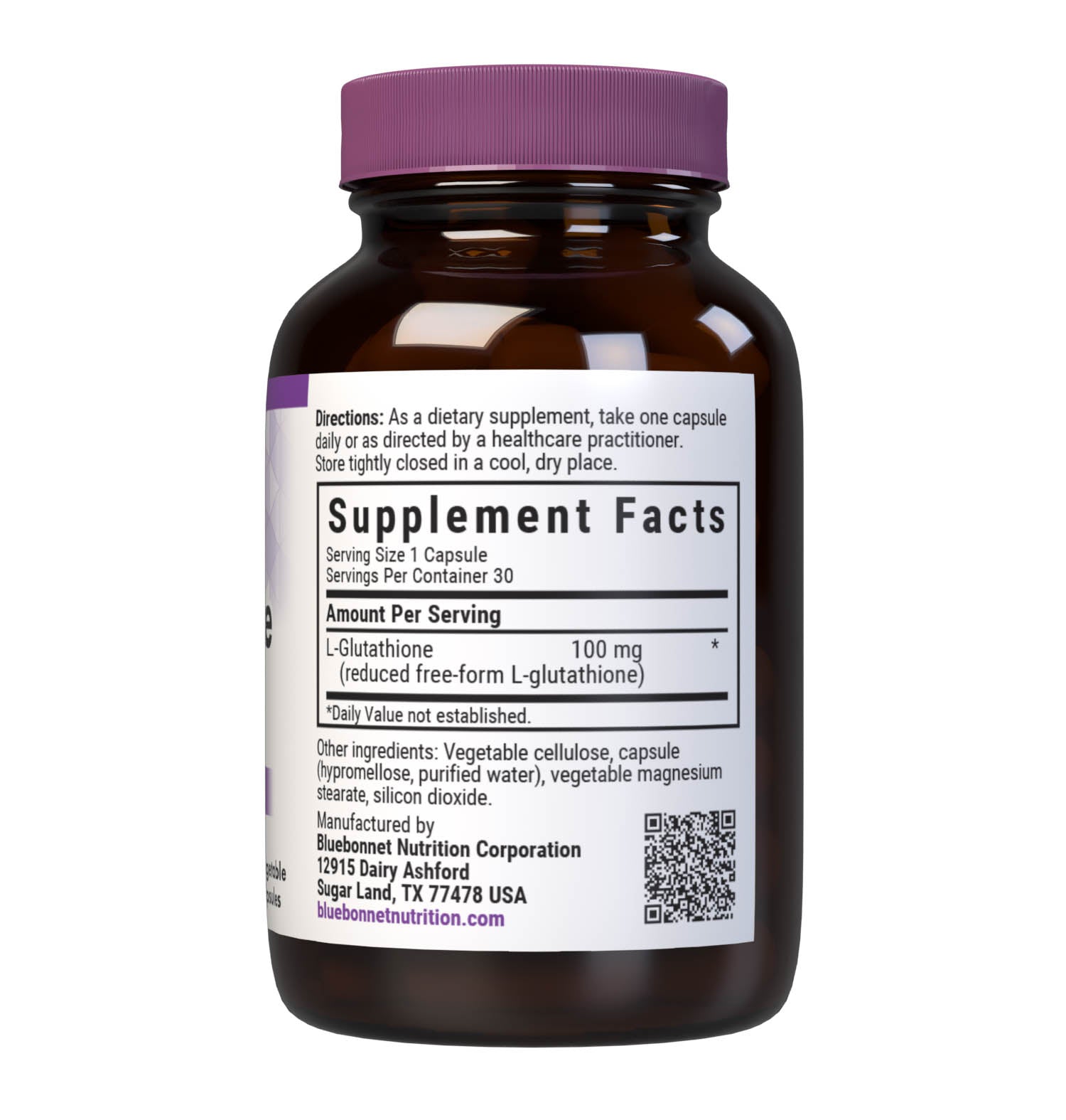 Bluebonnet’s L-Glutathione 100 mg 30 Vegetable Capsules are formulated with the free-form amino acid L-glutathione in its crystalline form. L-Glutathione protects against free-radical formation and supports inner beauty and liver health. Supplement facts panel. #size_30 count