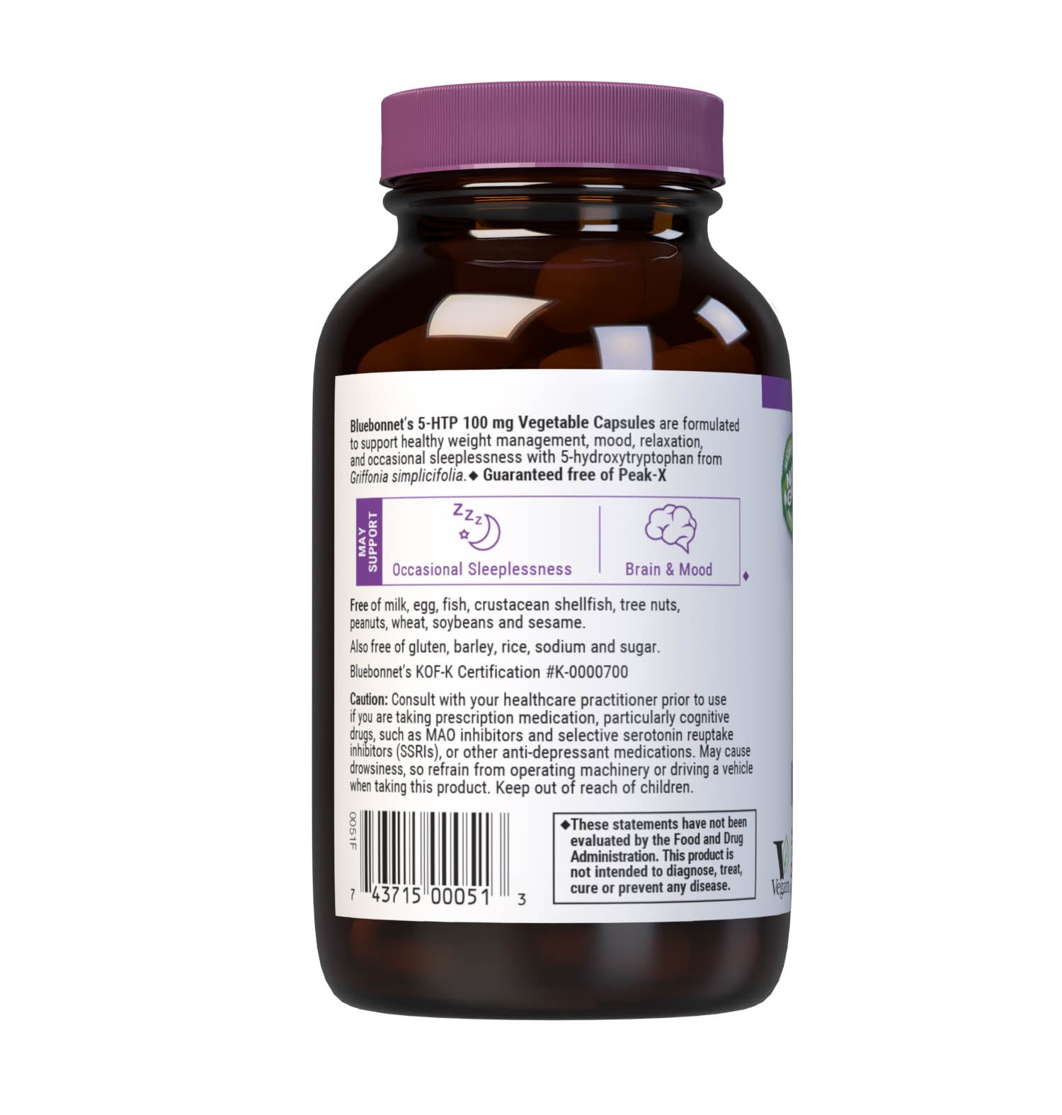 Bluebonnet's 5-HTP 100 mg 60 Vegetable Capsules are formulated to help support healthy weight management, mood, relaxation, and occasional sleeplessness with 5-hydroxytryptophan from Griffonia simplicifolia. Guaranteed free of Peak-X. Description panel. #size_60 count