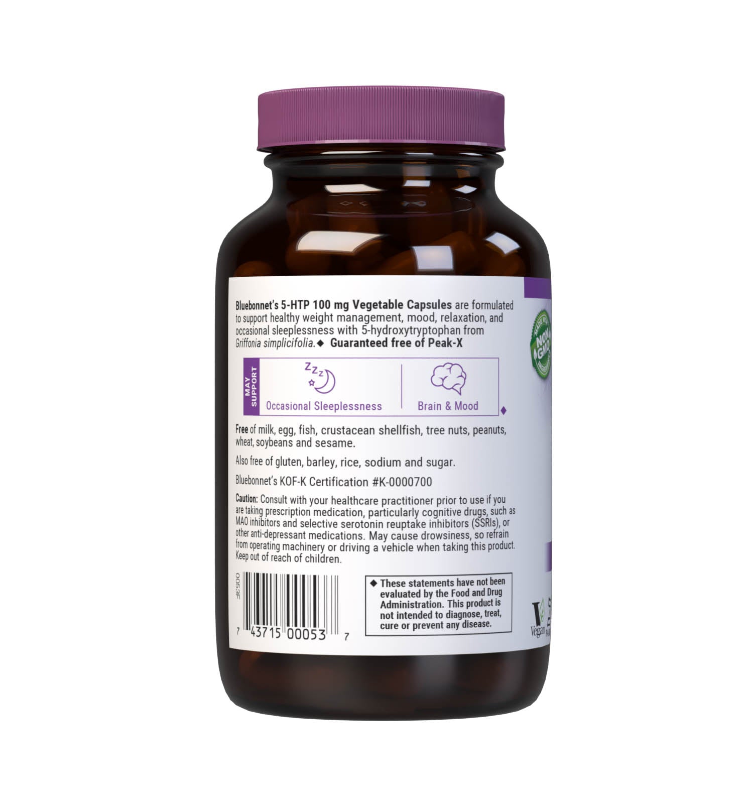 Bluebonnet's 5-HTP 100 mg 120 vegetable Capsules are formulated to help support healthy weight management, mood, relaxation, and occasional sleeplessness with 5-hydroxytryptophan from Griffonia simplicifolia. Guaranteed free of Peak-X. Description panel. #size_120 count