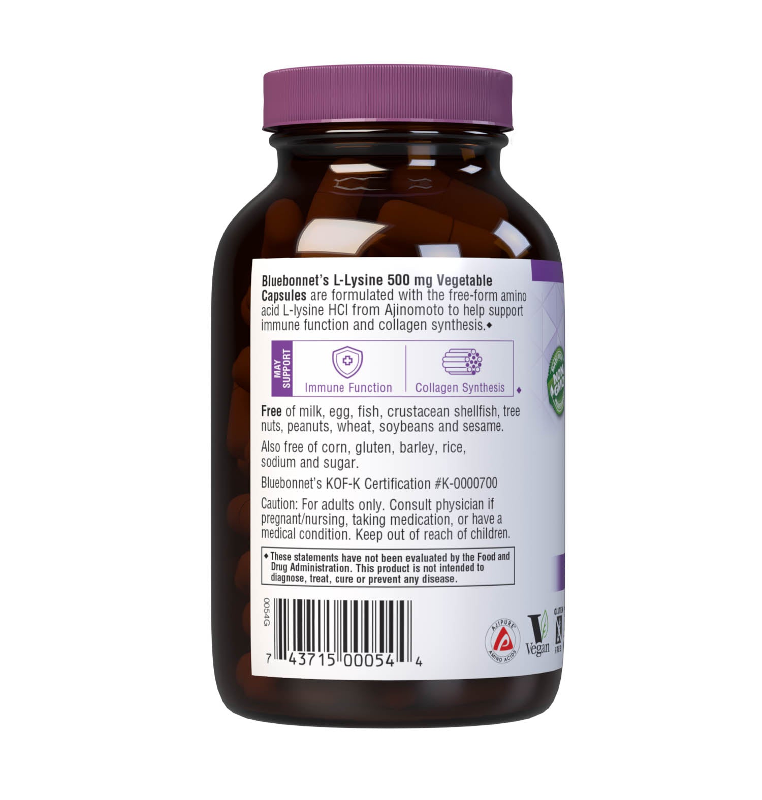 Bluebonnet’s L-Lysine 500 mg 100 vegetable capsules are formulated with the free-form amino acid L-lysine HCI in its crystalline form from Ajinomoto to help support immune function and collagen synthesis. Description panel. #size_100 count