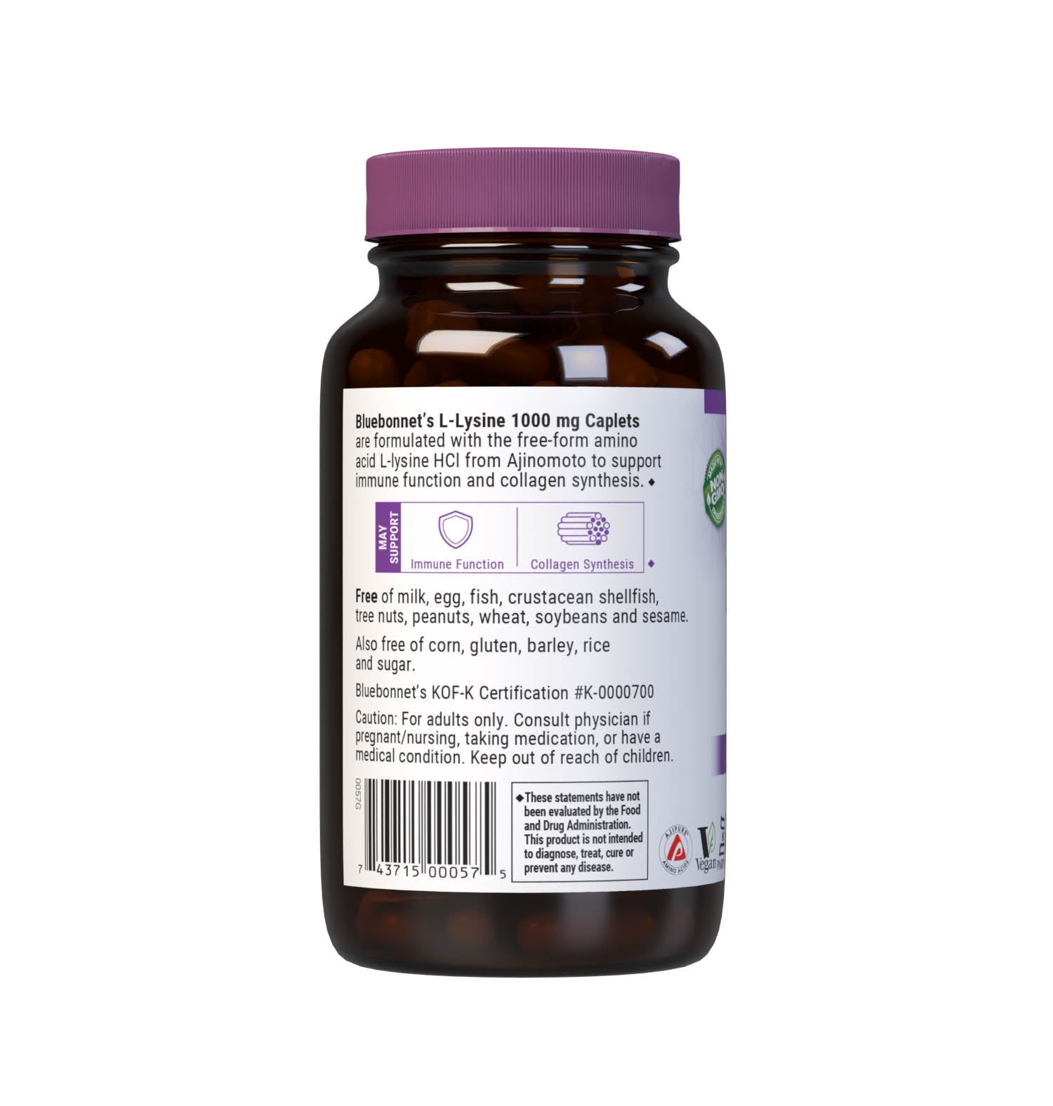 Bluebonnet’s L-Lysine 1000 mg 100 Caplets are formulated with the free-form amino acid L-lysine HCI in its crystalline form from Ajinomoto to help support immune function and collagen synthesis. Description panel. #size_100 count