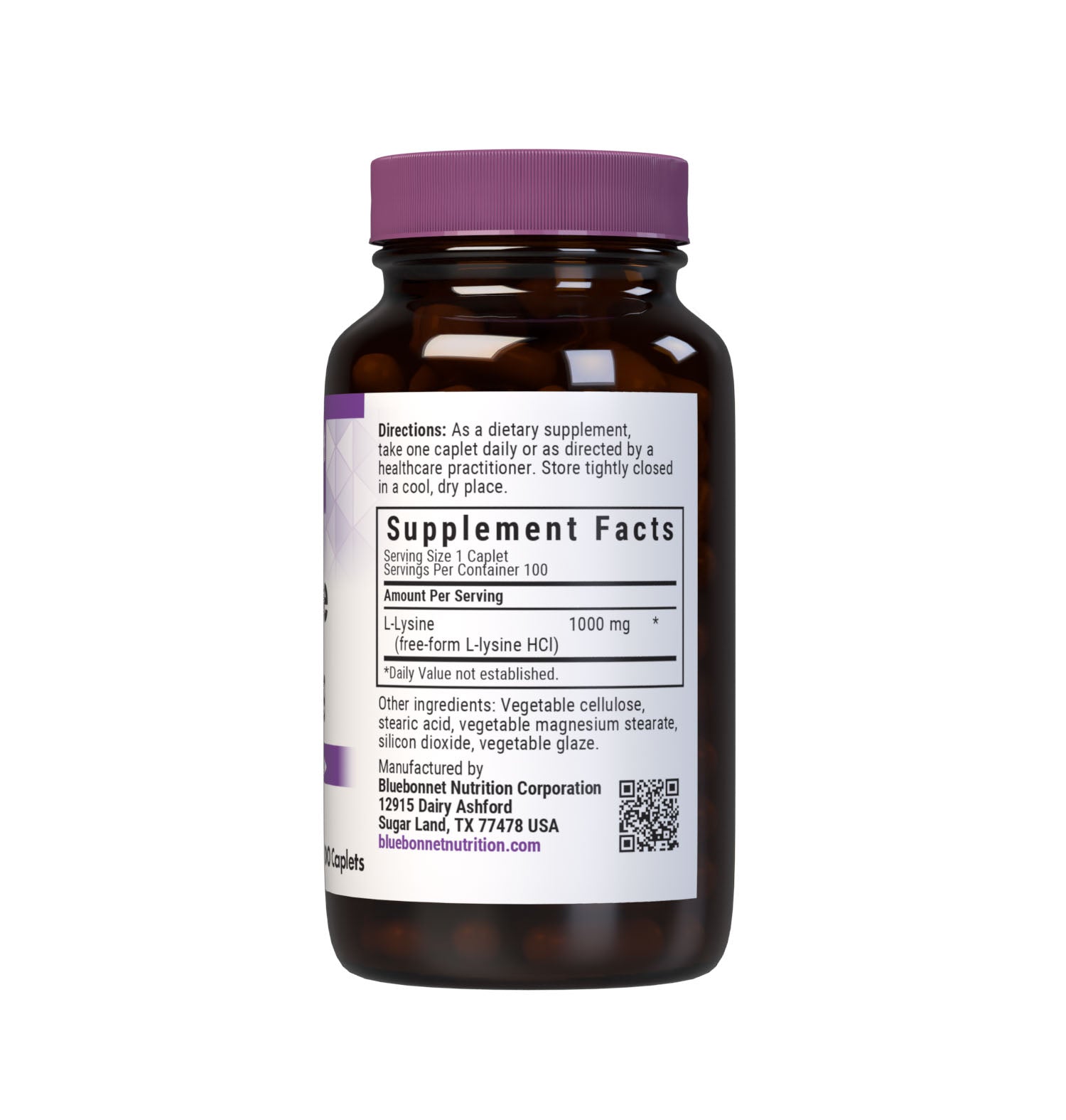 Bluebonnet’s L-Lysine 1000 mg 100 Caplets are formulated with the free-form amino acid L-lysine HCI in its crystalline form from Ajinomoto to help support immune function and collagen synthesis. Supplement facts panel. #size_100 count