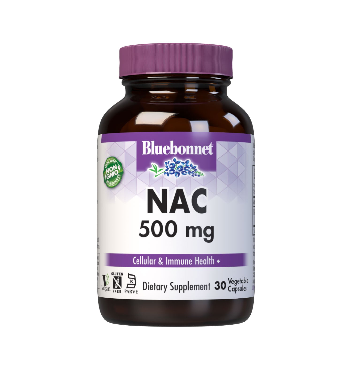 Bluebonnet’s NAC 500 mg 30 vegetable capsules are formulated with the free-form amino acid N-acetyl-cysteine in its crystalline form to help support cellular health and immune function. #size_30 count