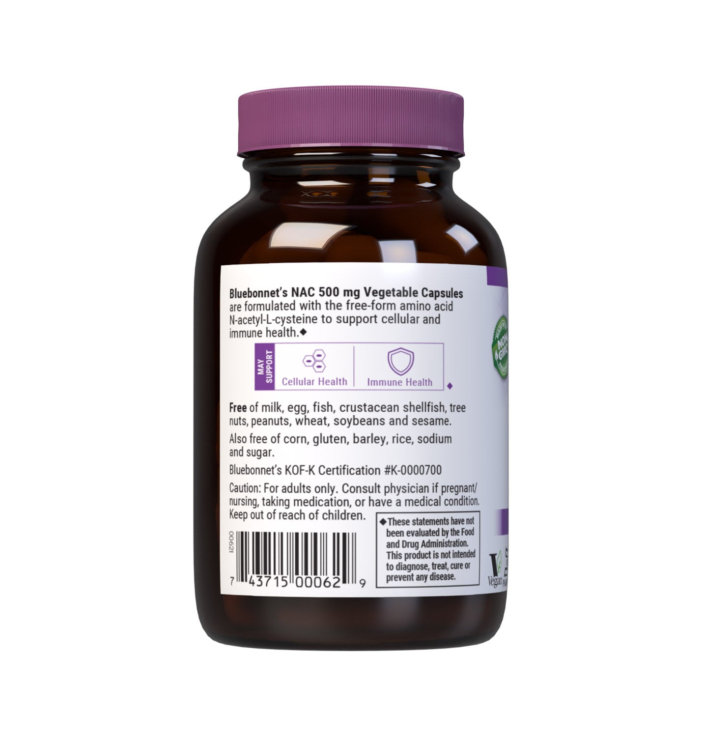 Bluebonnet’s NAC 500 mg 30 vegetable capsules are formulated with the free-form amino acid N-acetyl-cysteine in its crystalline form to help support cellular health and immune function. Description panel. #size_30 count