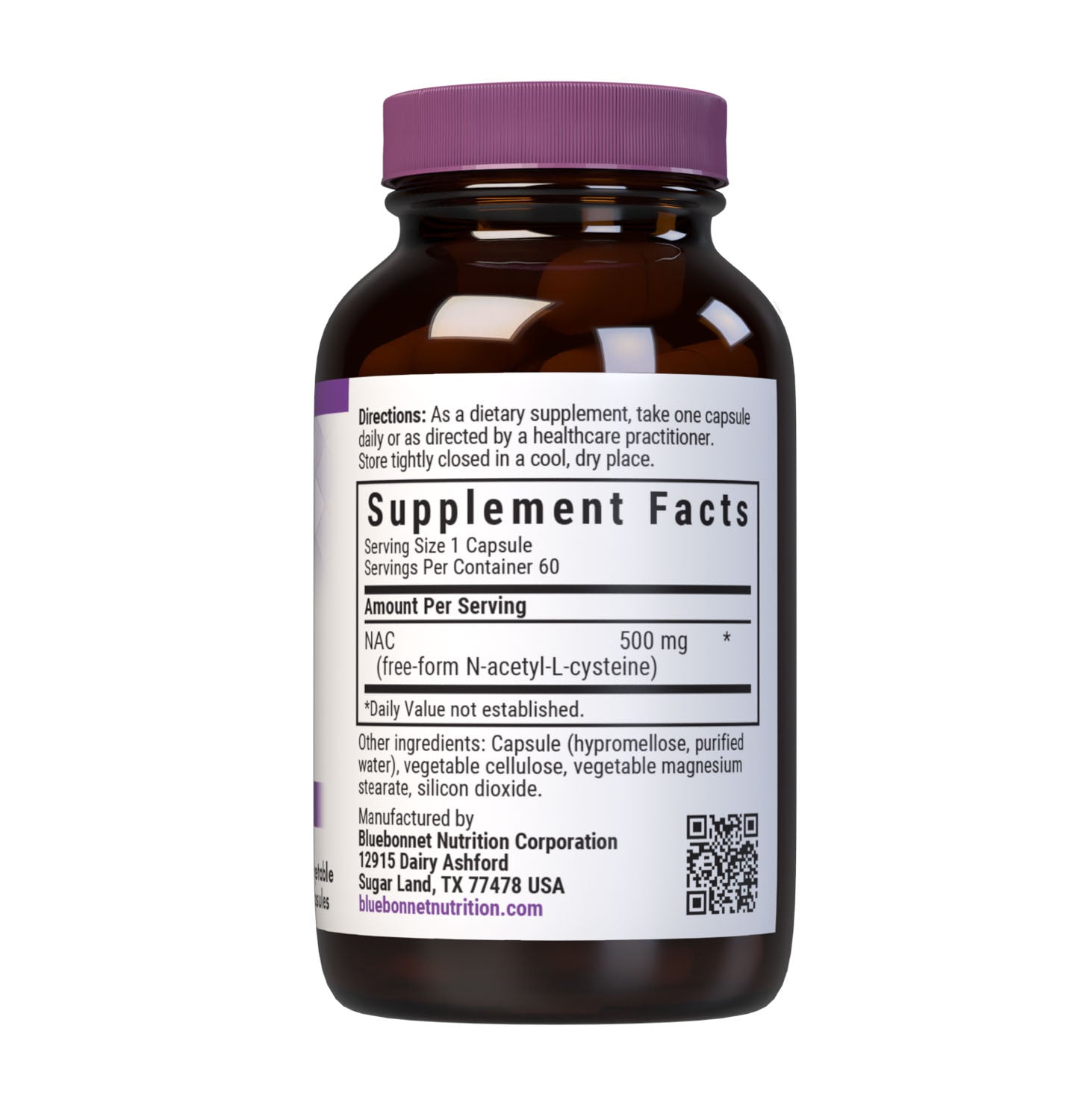 Bluebonnet’s NAC 500 mg 60 vegetable capsules are formulated with the free-form amino acid N-acetyl-cysteine in its crystalline form to help support cellular health and immune function. Supplement facts panel. #size_60 count