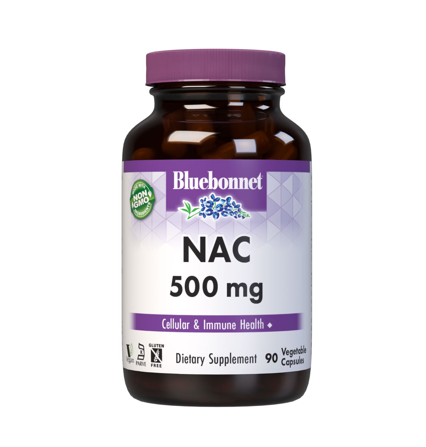 Bluebonnet’s NAC 500 mg 90 vegetable capsules are formulated with the free-form amino acid N-acetyl-cysteine in its crystalline form to help support cellular health and immune function. #size_90 count