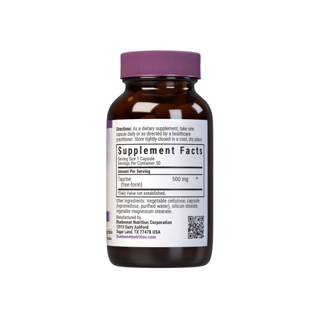 Bluebonnet’s Taurine 500 mg 50 Vegetable Capsules are formulated with the free-form amino acid taurine in its crystalline form from Ajinomoto to help support nervous system health. Supplement facts panel. #size_50 count