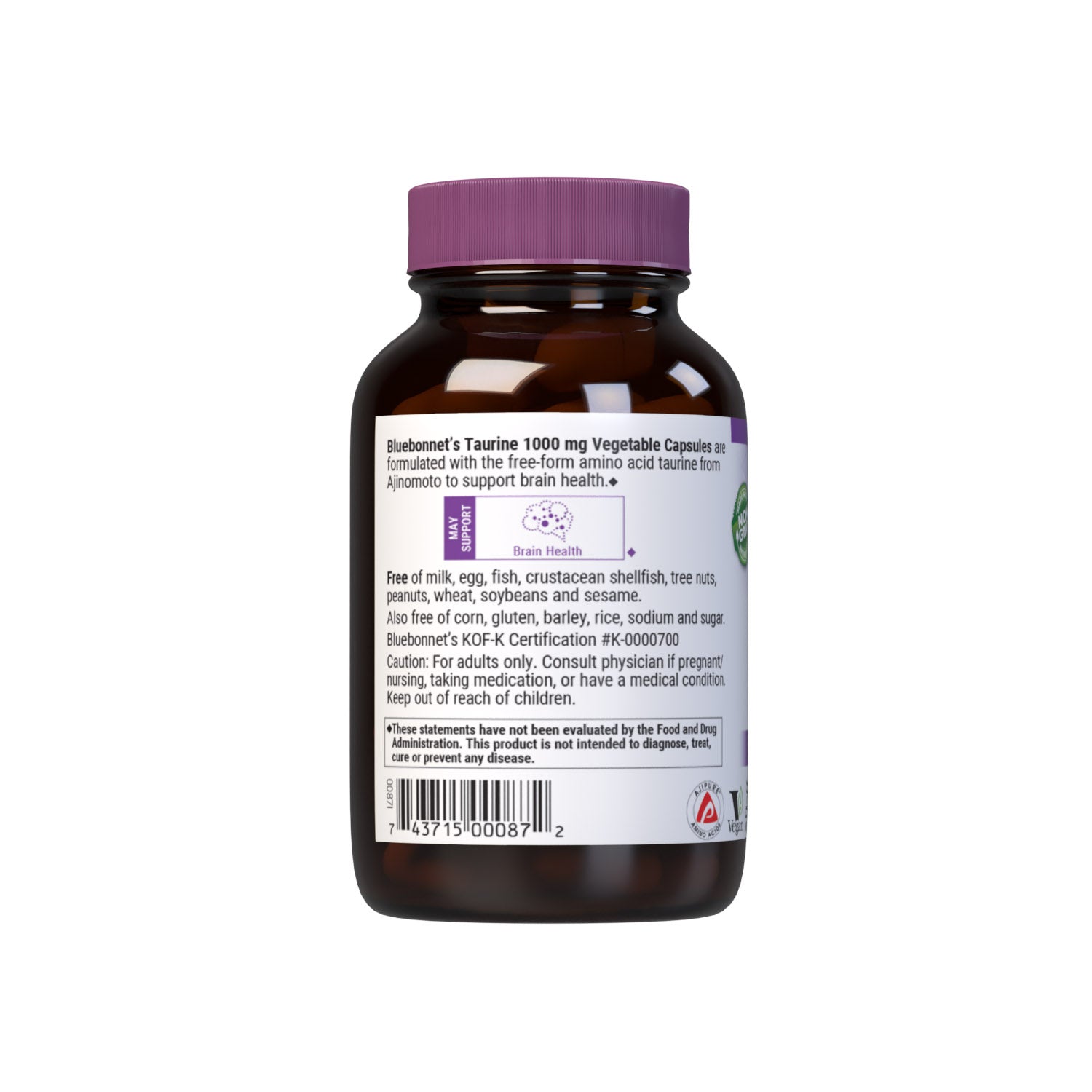 Bluebonnet’s Taurine 1000 mg 50 Vegetable Capsules are formulated with the free-form amino acid taurine from Ajinomoto to hep support nervous system health. Description panel. #size_50 count