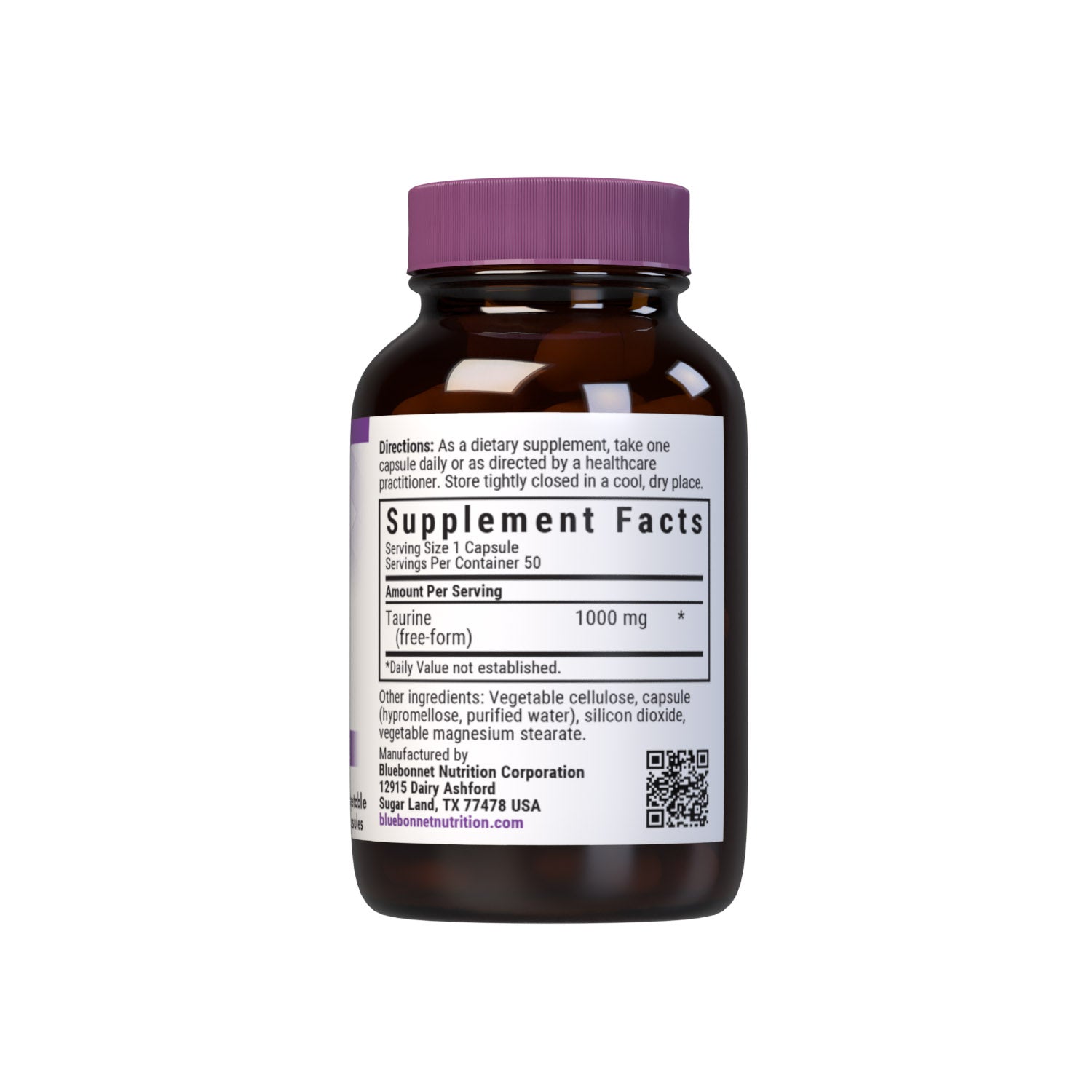 Bluebonnet’s Taurine 1000 mg 50 Vegetable Capsules are formulated with the free-form amino acid taurine from Ajinomoto to hep support nervous system health. Supplement facts panel. #size_50 count