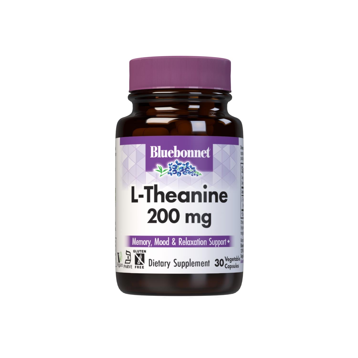 Bluebonnet L-Theanine 200 mg 30 Vegetable Capsules are formulated with the free-form amino acid L-theanine in its crystalline form, which may improve memory and learning as well as support an overall sense of relaxation. #size_30 count