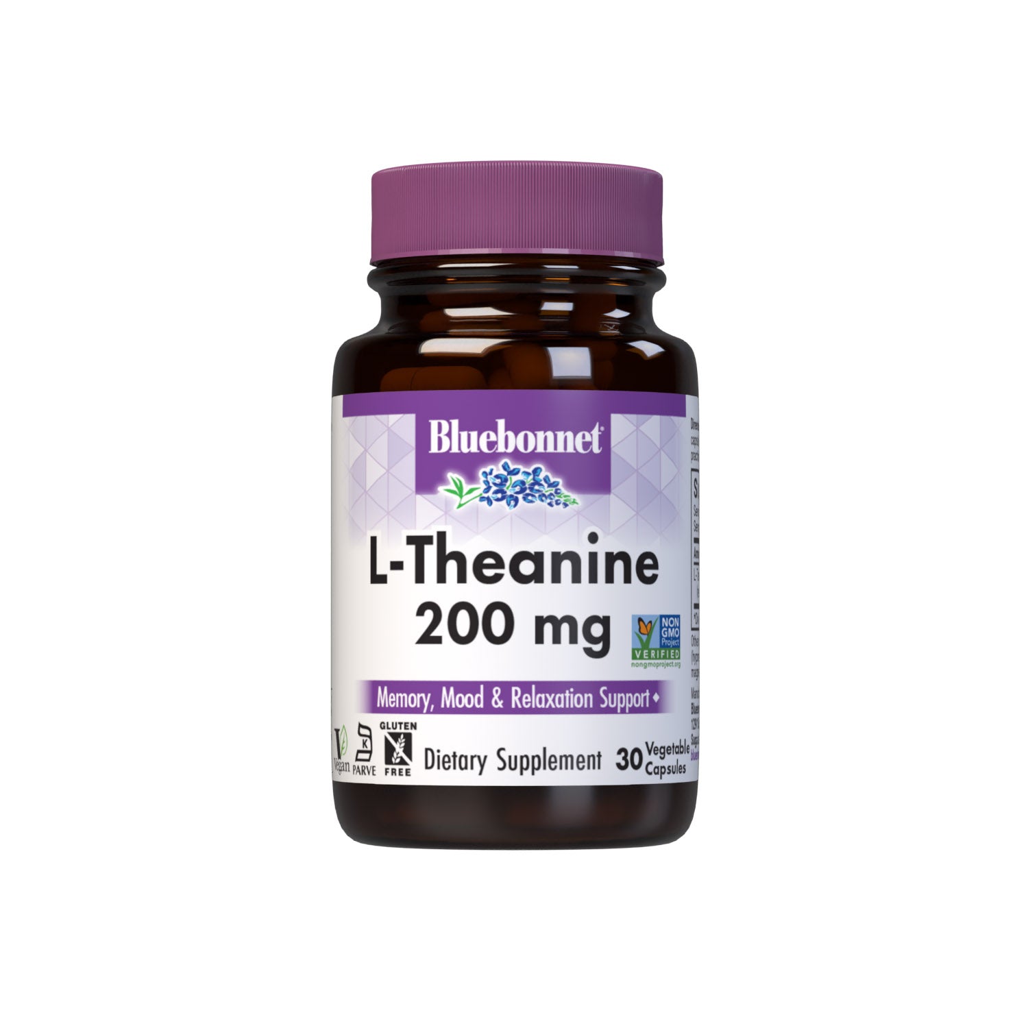 Bluebonnet L-Theanine 200 mg 30 Vegetable Capsules are formulated with the free-form amino acid L-theanine in its crystalline form, which may improve memory and learning as well as support an overall sense of relaxation. #size_30 count