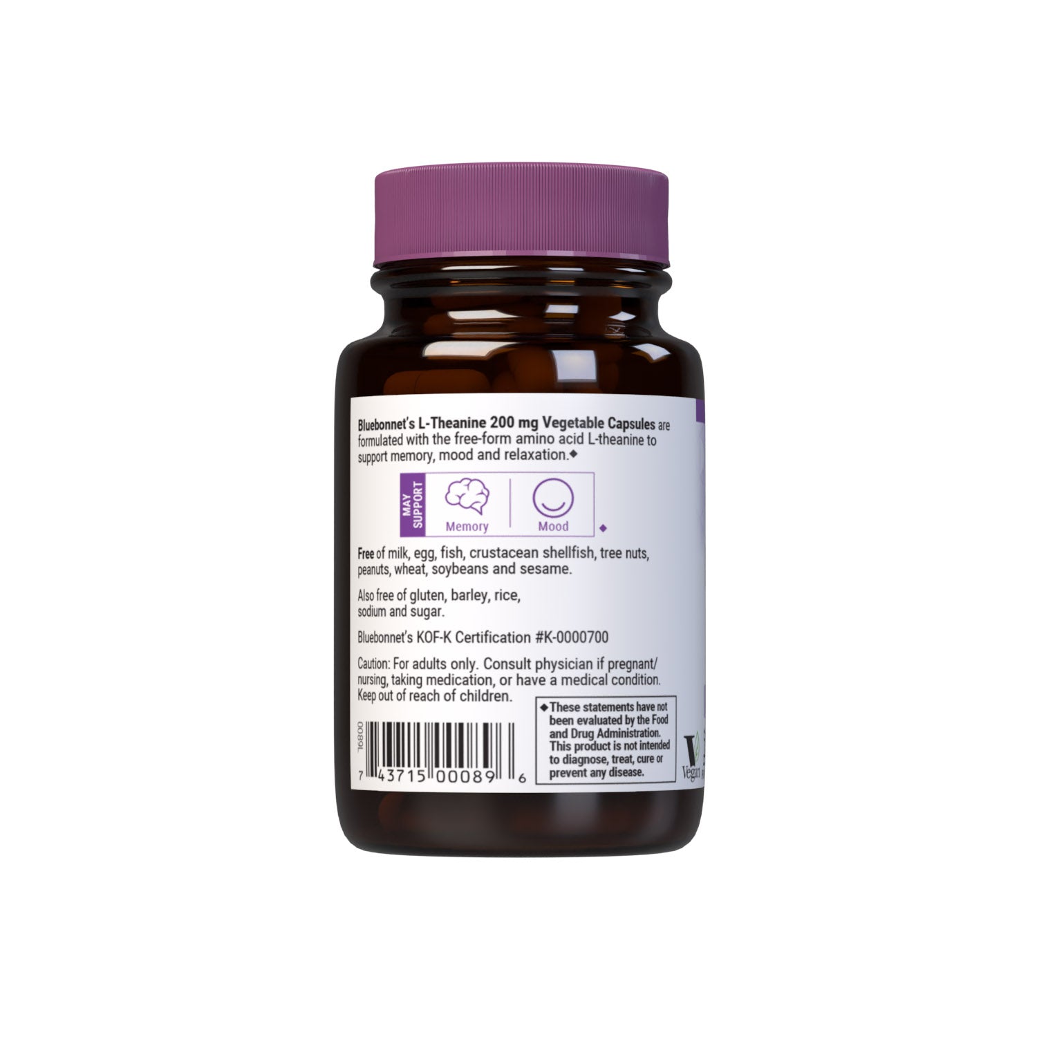 Bluebonnet L-Theanine 200 mg 30 Vegetable Capsules are formulated with the free-form amino acid L-theanine in its crystalline form, which may improve memory and learning as well as support an overall sense of relaxation. Description panel. #size_30 count