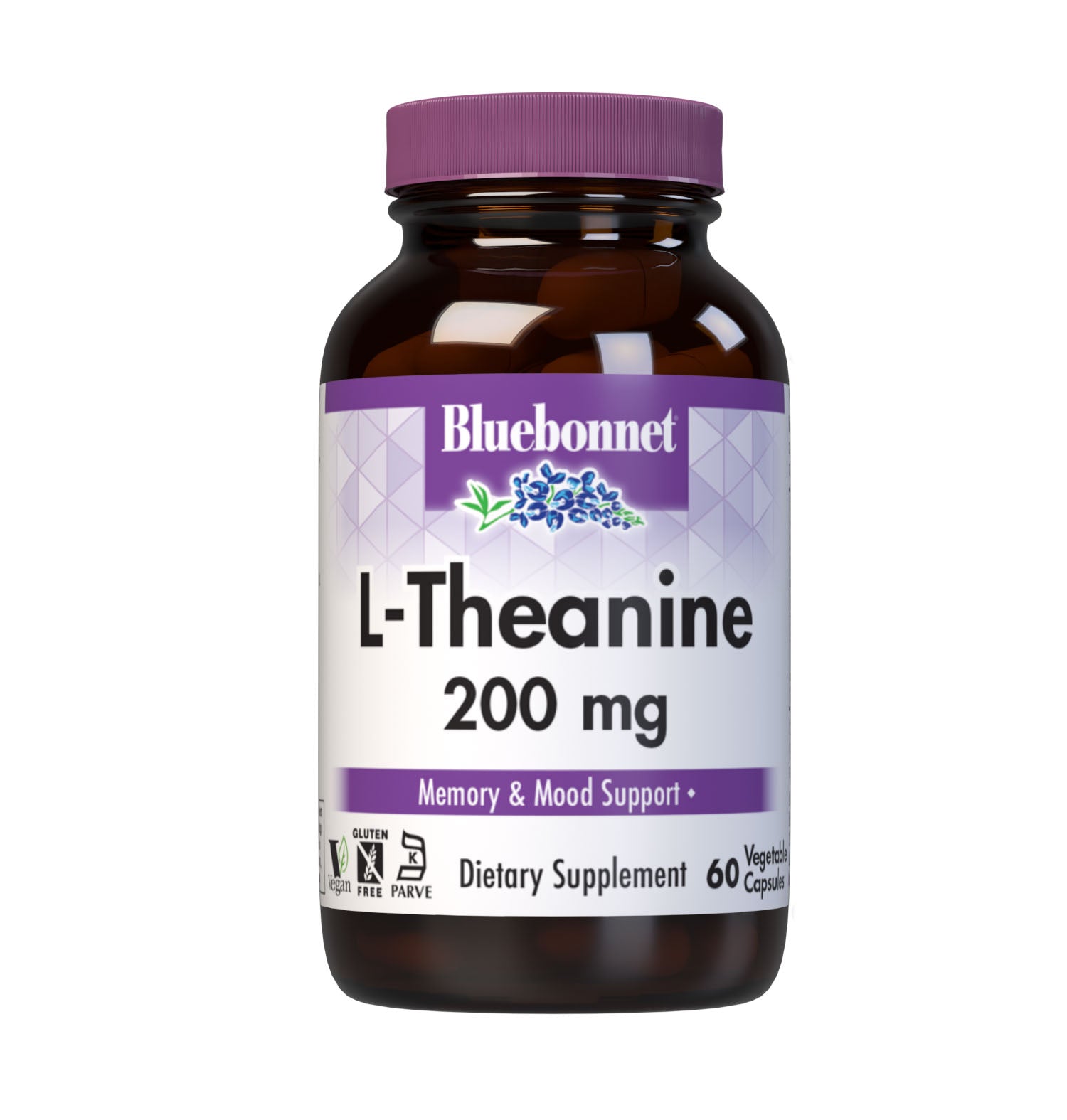 Bluebonnet L-Theanine 200 mg 60 Vegetable Capsules are formulated with the free-form amino acid L-theanine in its crystalline form, which may improve memory and learning as well as support an overall sense of relaxation. #size_60 count