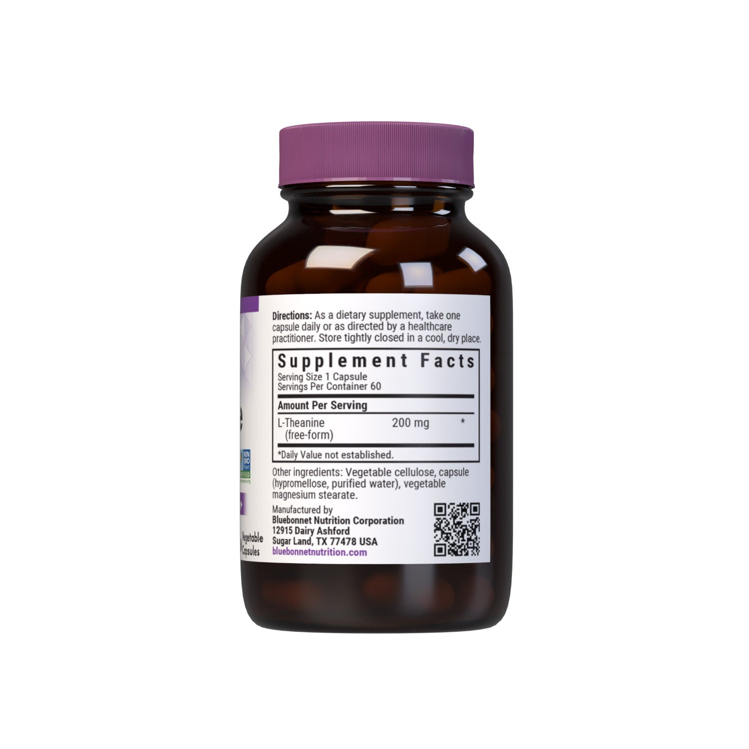 Bluebonnet L-Theanine 200 mg 60 Vegetable Capsules are formulated with the free-form amino acid L-theanine in its crystalline form, which may improve memory and learning as well as support an overall sense of relaxation. Supplement facts panel. #size_60 count
